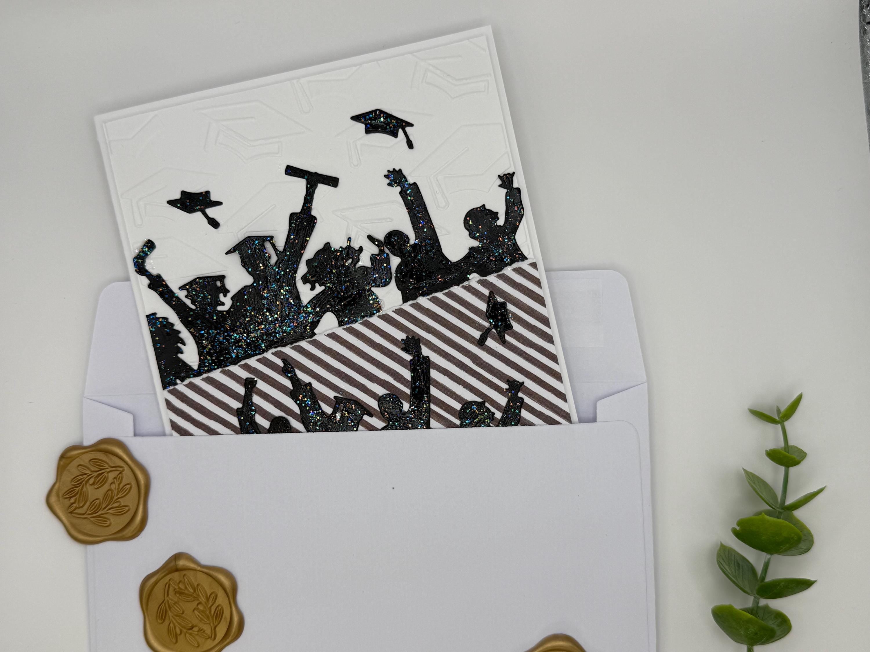 Handmade Graduation Card – Black Glitter Silhouettes, Embossed Cap Texture