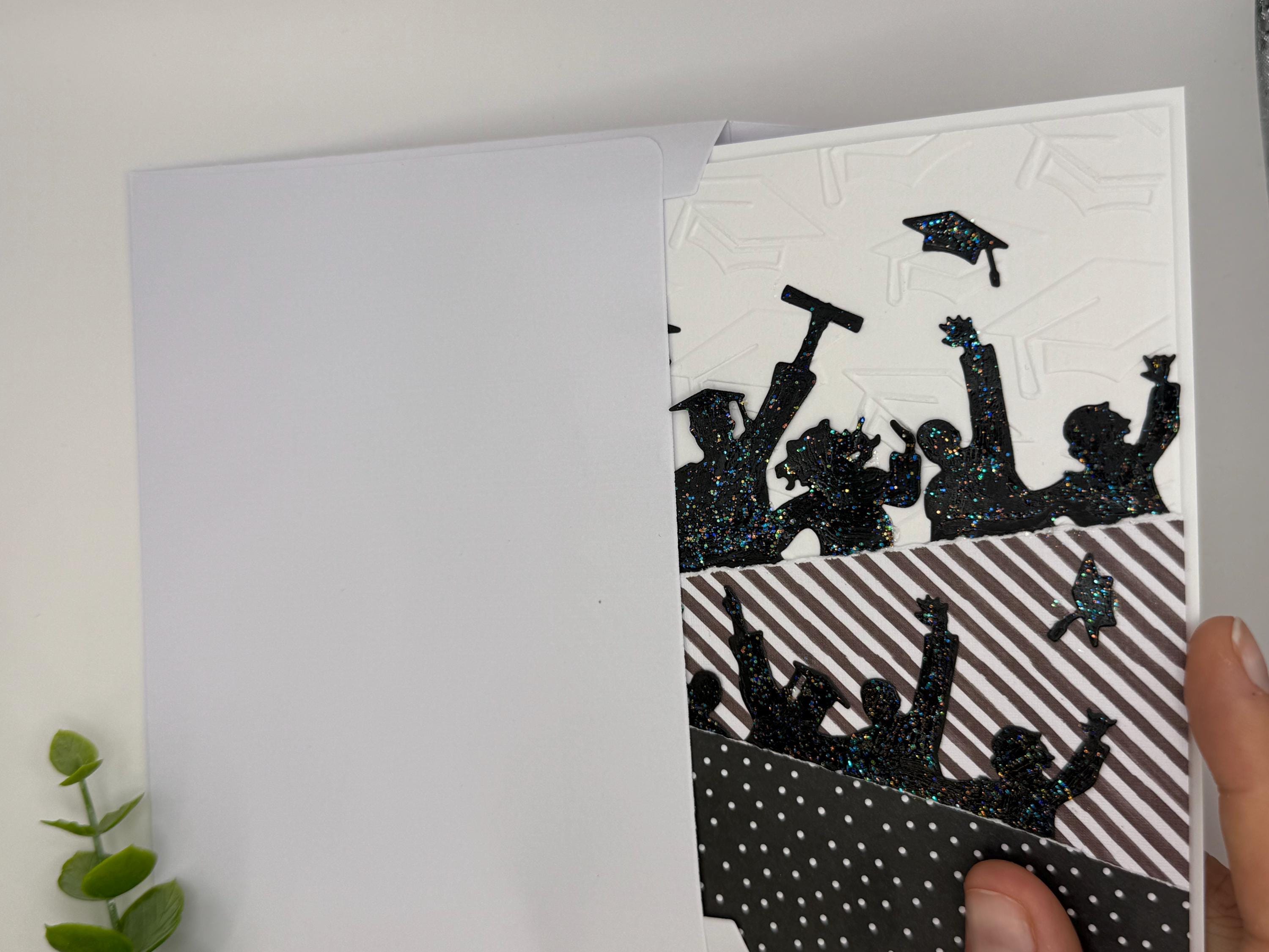Handmade Graduation Card – Black Glitter Silhouettes, Embossed Cap Texture