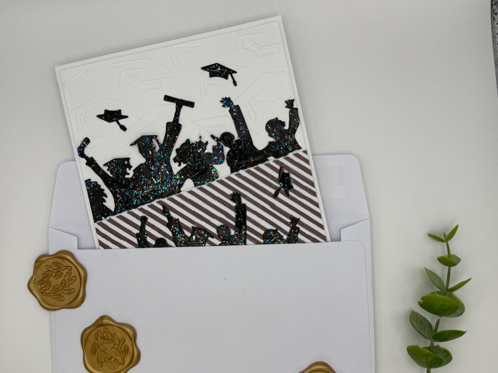 Handmade Graduation Card – Black Glitter Silhouettes, Embossed Cap Texture