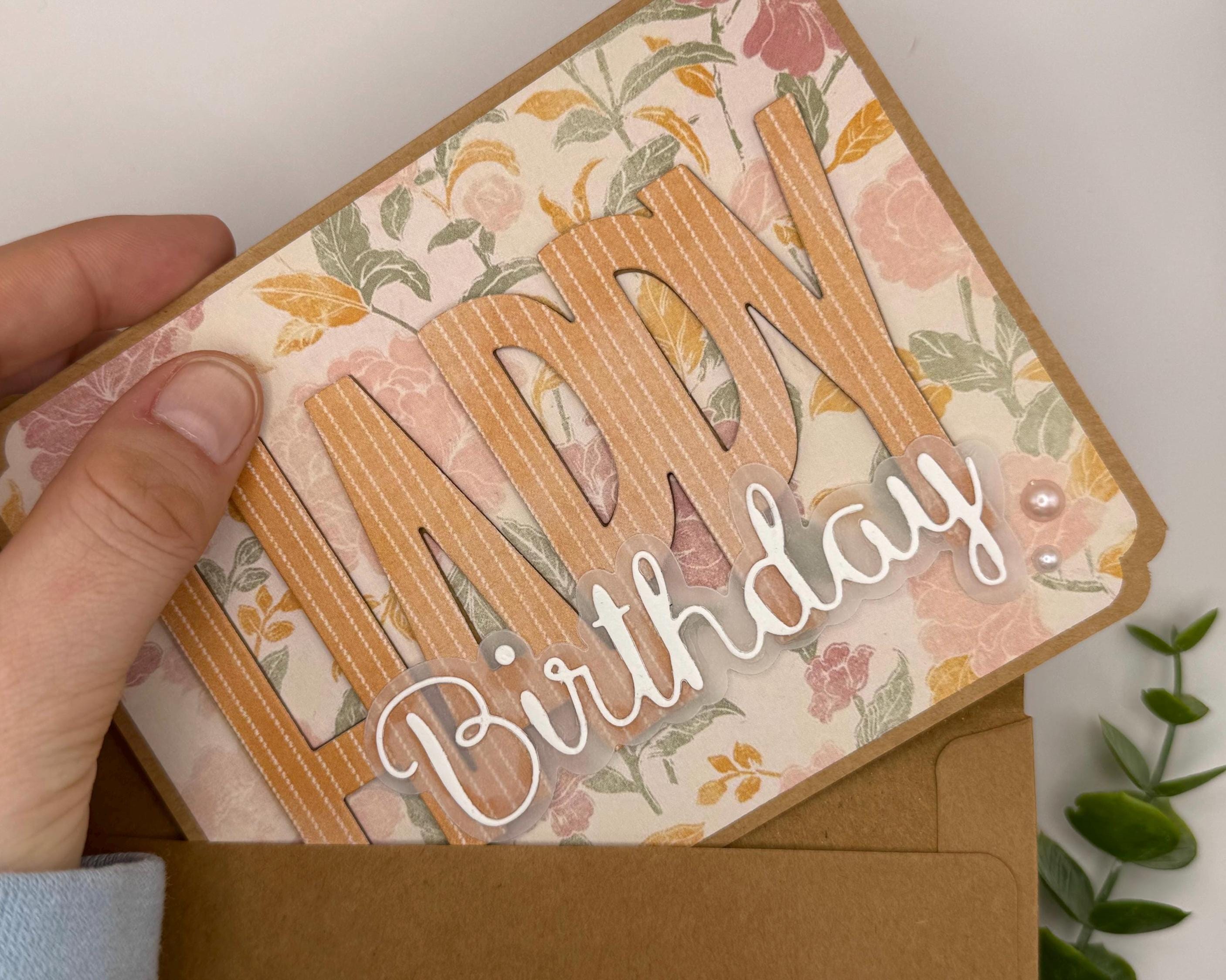 Handmade Floral Birthday Card for Mom – Elegant Neutral Design with Pearls