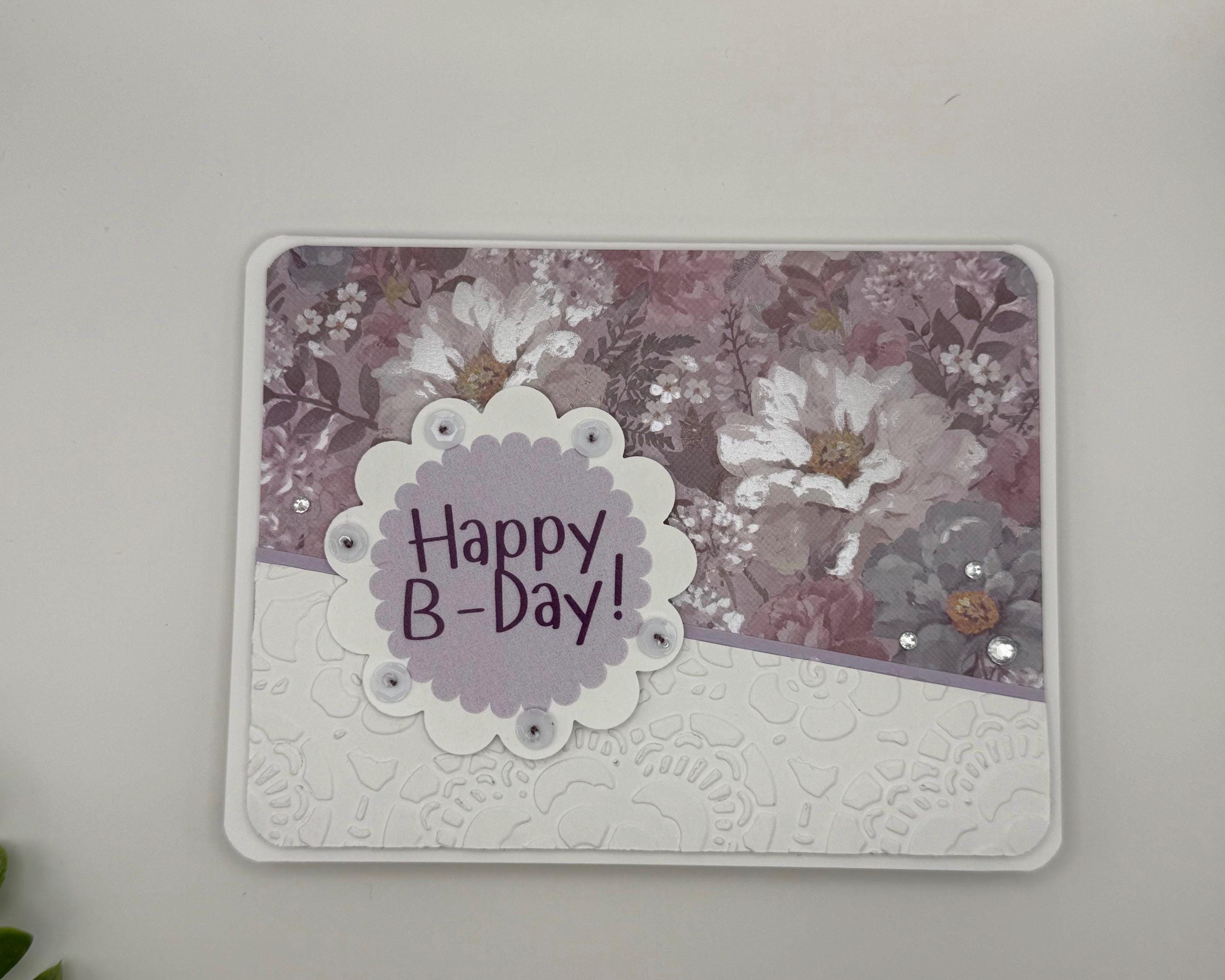 Hand-Stitched Floral Birthday Card – Shabby Chic Purple Lavender Stationery