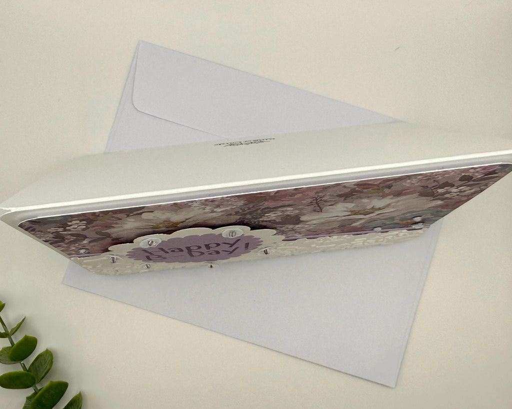 Hand-Stitched Floral Birthday Card – Shabby Chic Purple Lavender Stationery