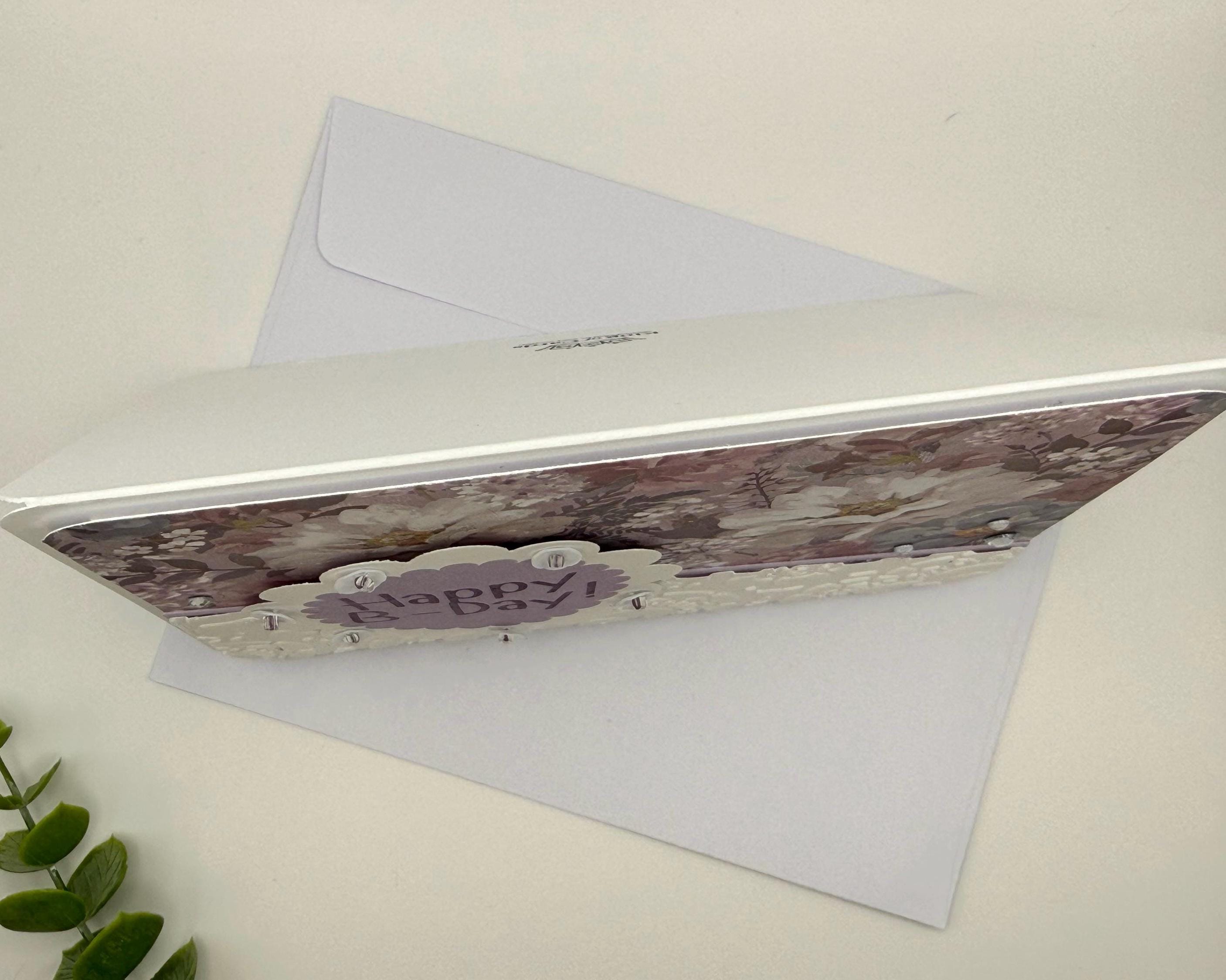 Hand-Stitched Floral Birthday Card – Shabby Chic Purple Lavender Stationery