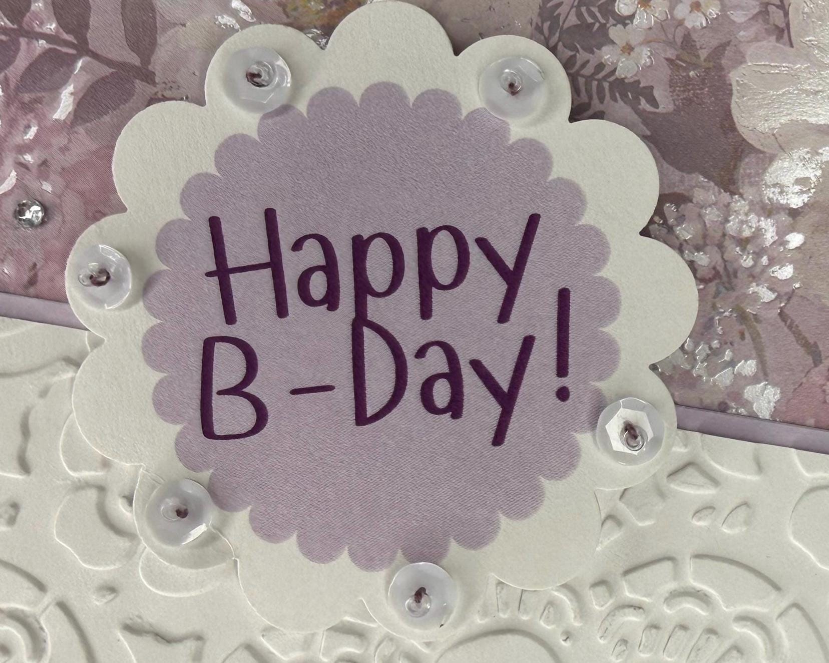 Hand-Stitched Floral Birthday Card – Shabby Chic Purple Lavender Stationery