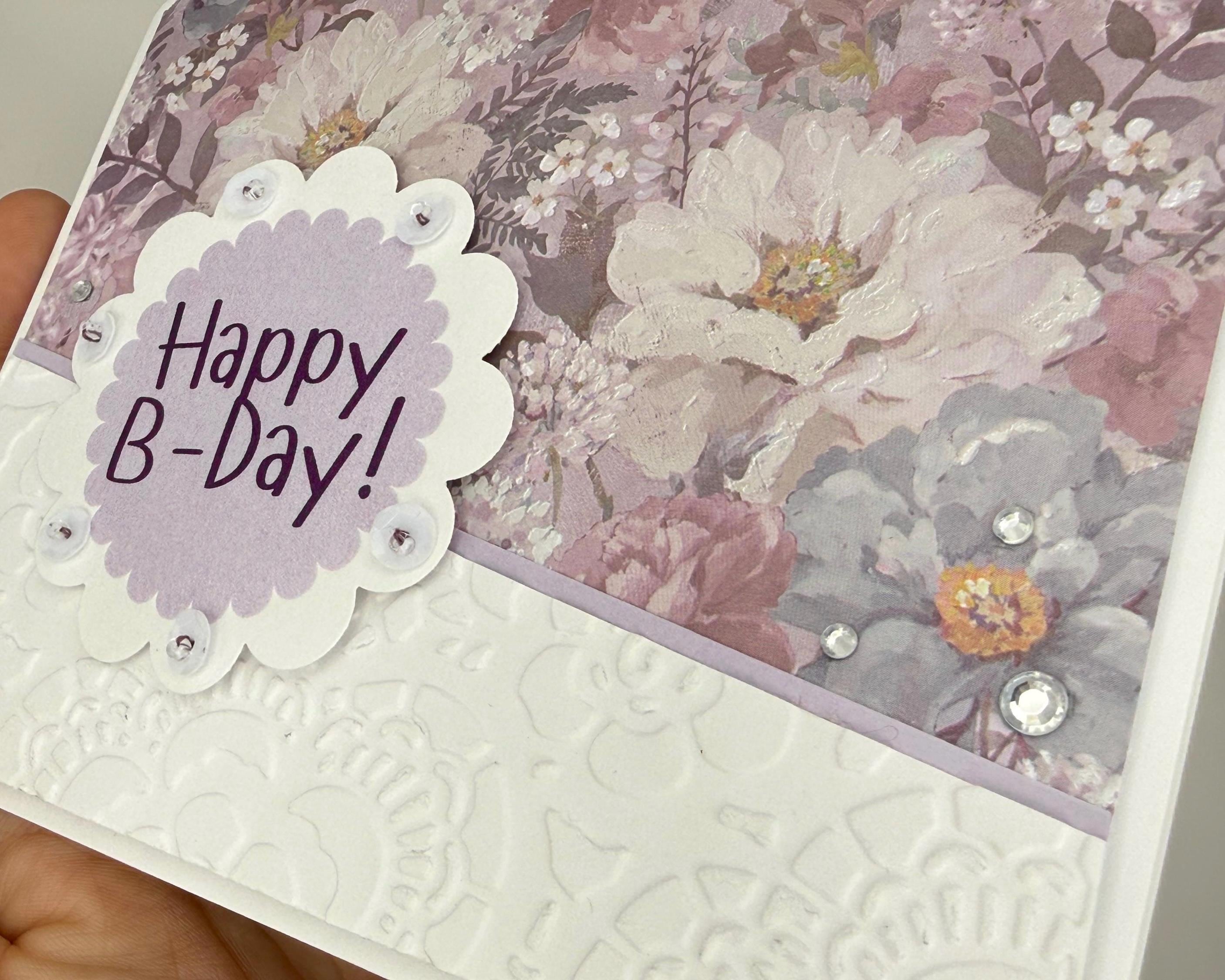 Hand-Stitched Floral Birthday Card – Shabby Chic Purple Lavender Stationery