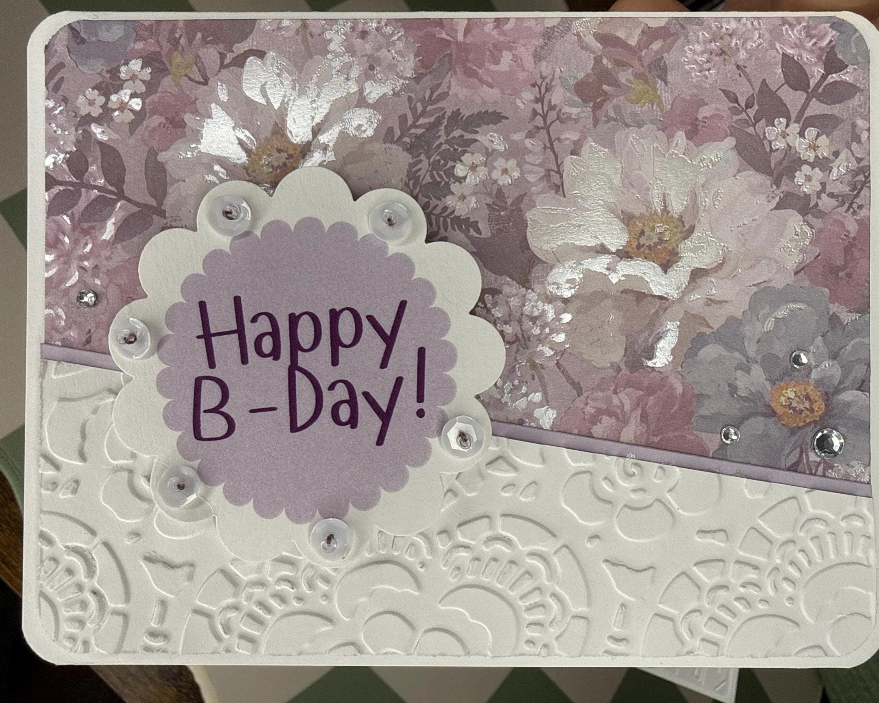 Hand-Stitched Floral Birthday Card – Shabby Chic Purple Lavender Stationery