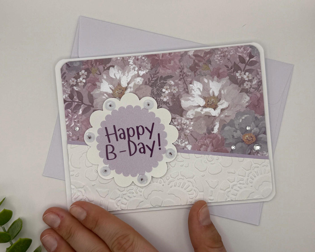 Hand-Stitched Floral Birthday Card – Shabby Chic Purple Lavender Stationery