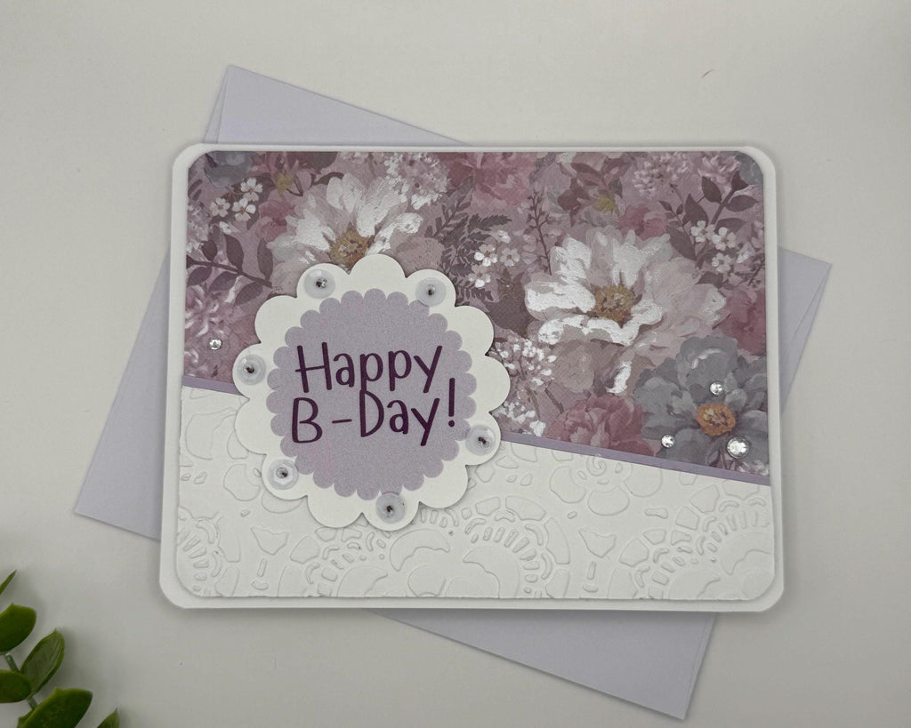 Hand-Stitched Floral Birthday Card – Shabby Chic Purple Lavender Stationery