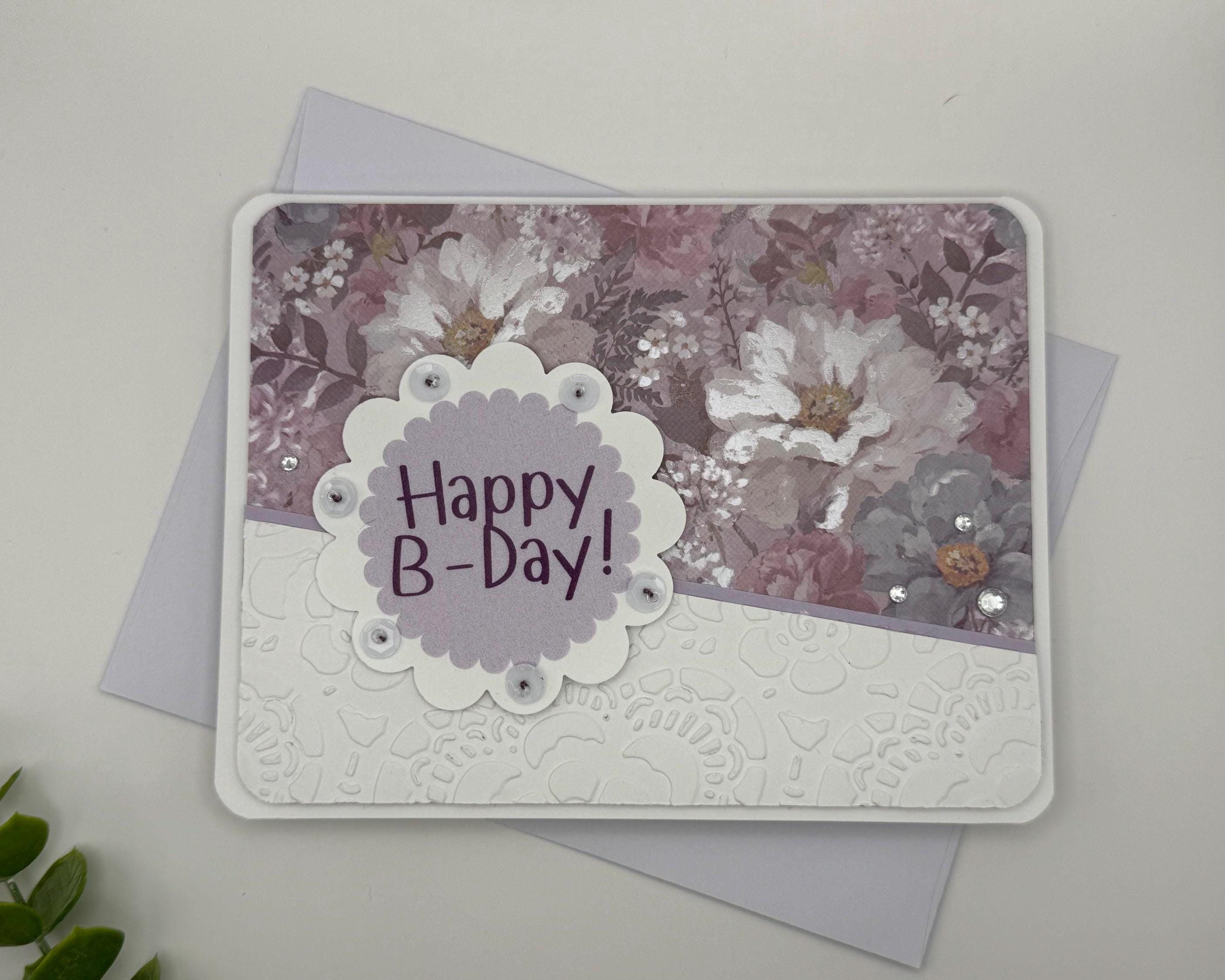 Hand-Stitched Floral Birthday Card – Shabby Chic Purple Lavender Stationery
