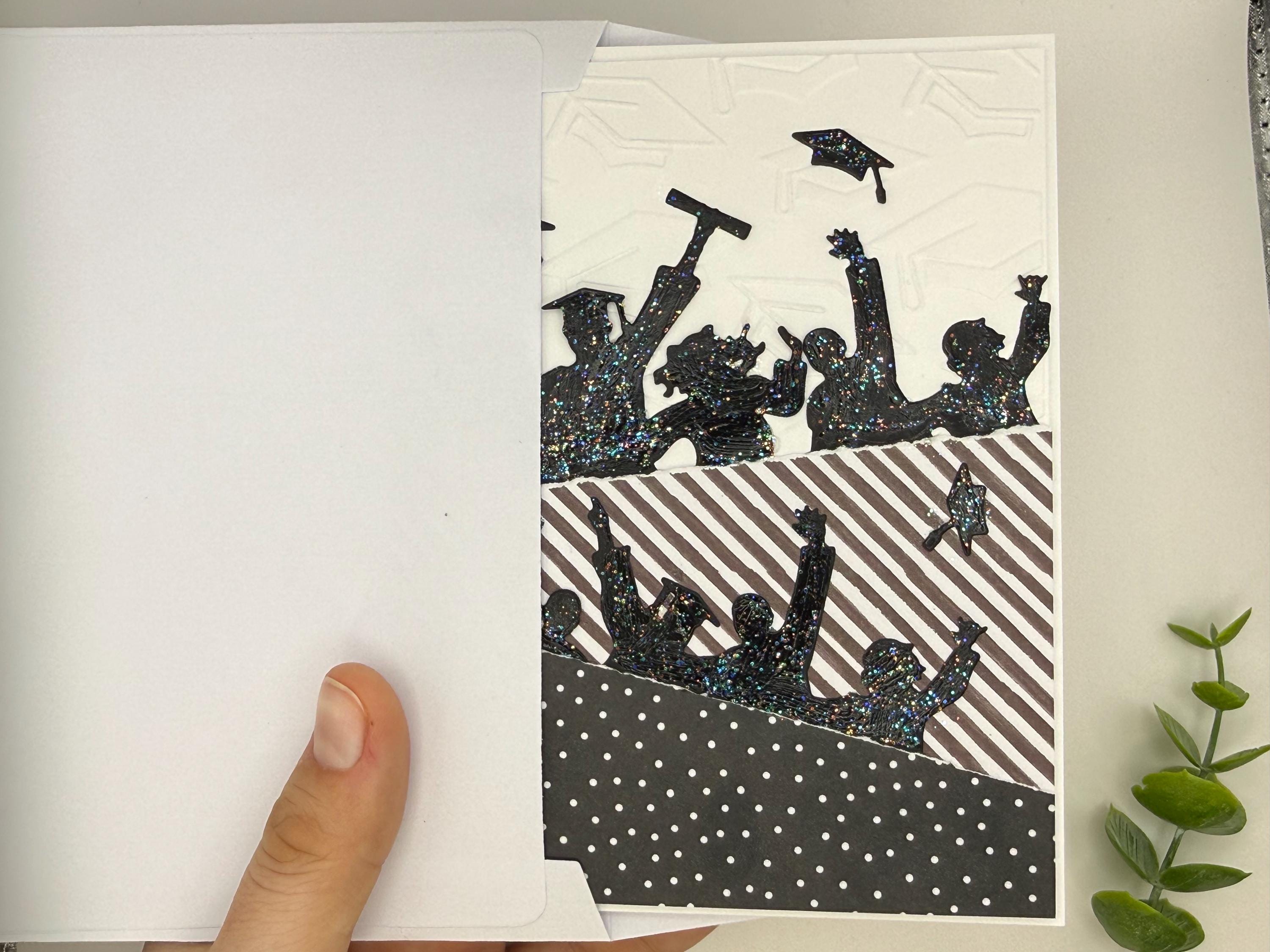 Handmade Graduation Card – Black Glitter Silhouettes, Embossed Cap Texture