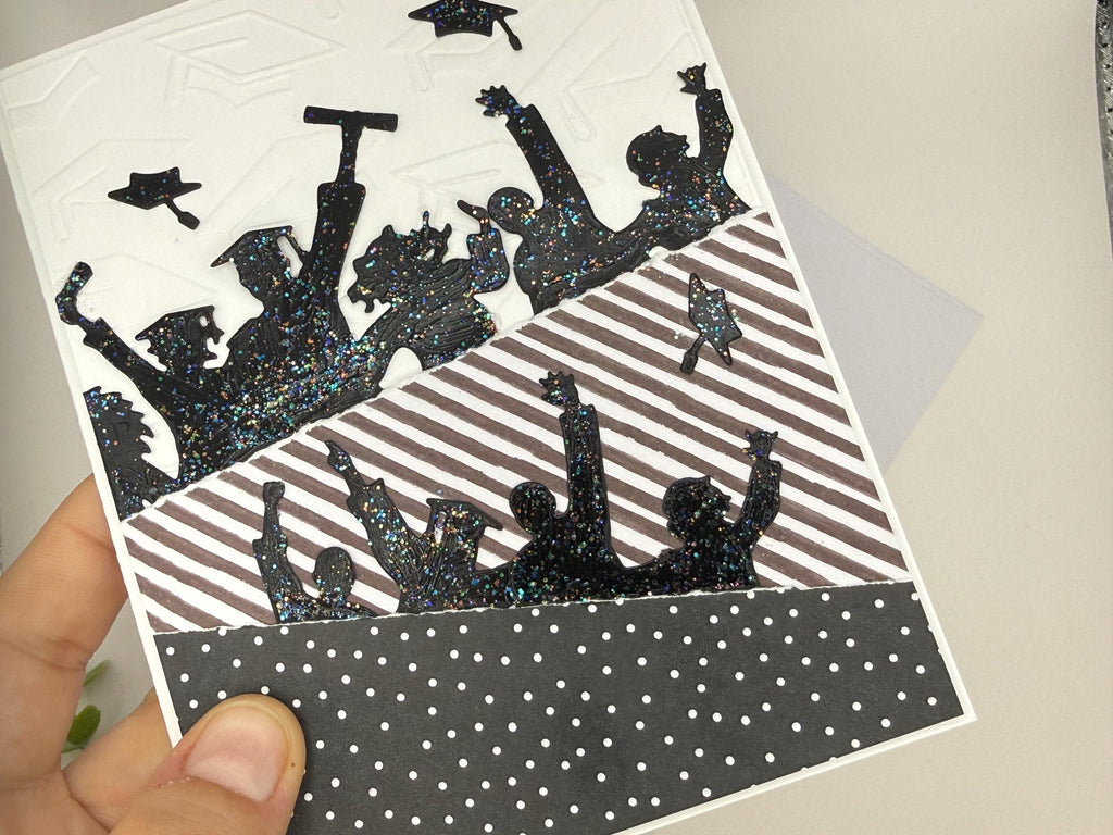 Handmade Graduation Card – Black Glitter Silhouettes, Embossed Cap Texture
