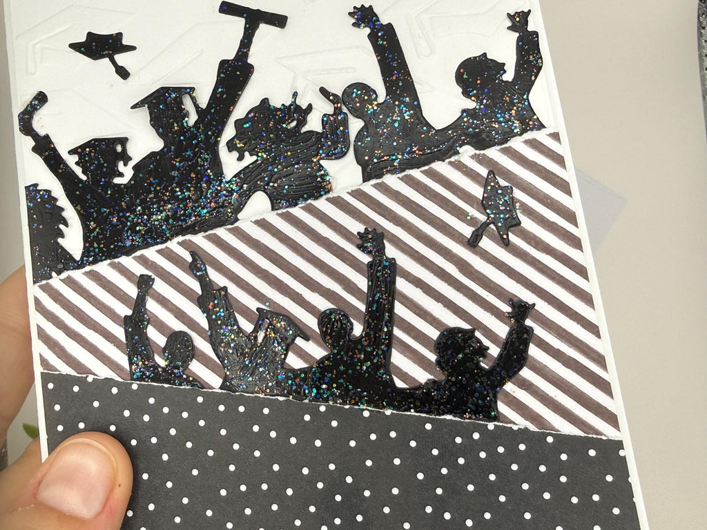 Handmade Graduation Card – Black Glitter Silhouettes, Embossed Cap Texture