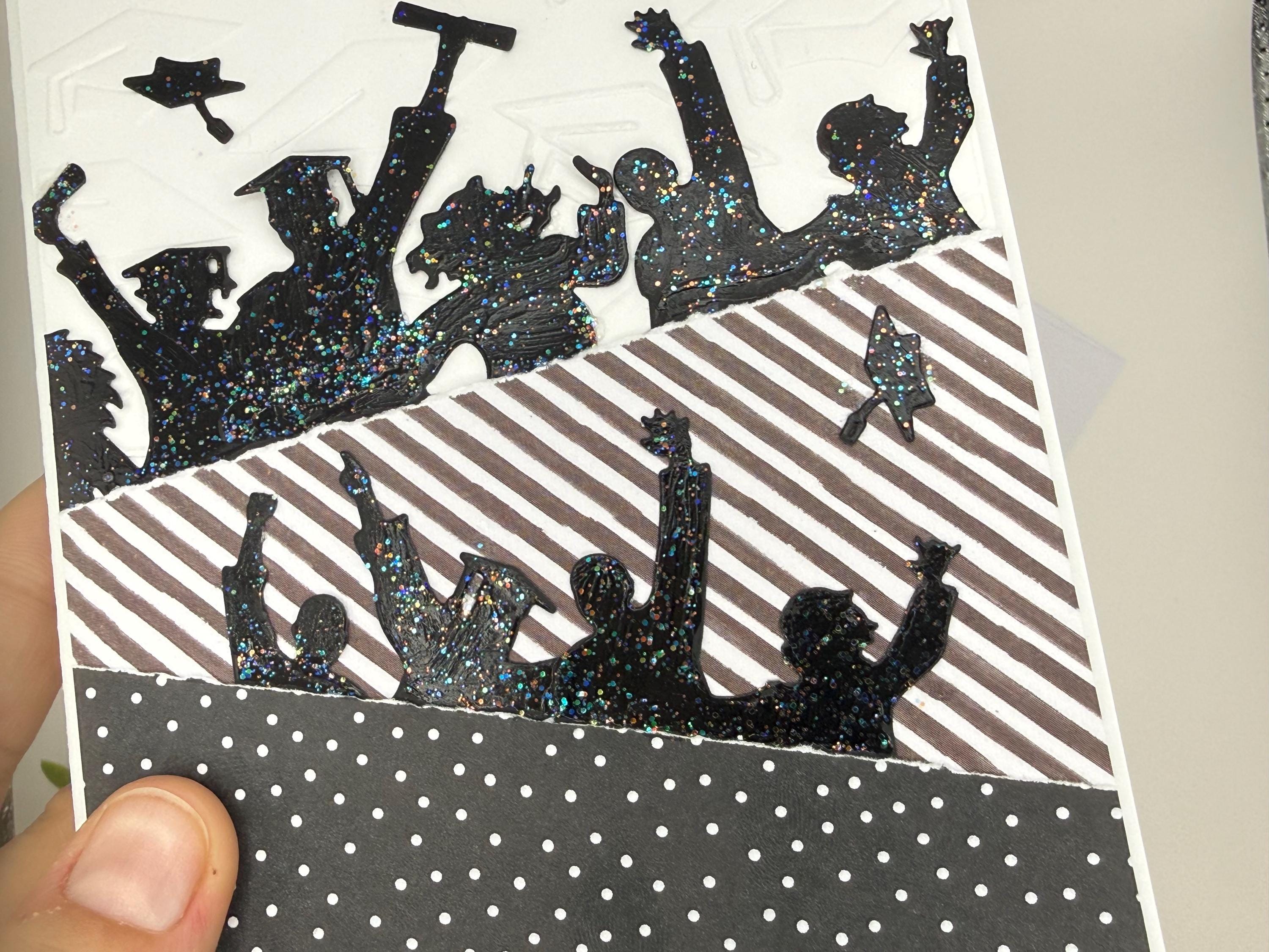Handmade Graduation Card – Black Glitter Silhouettes, Embossed Cap Texture