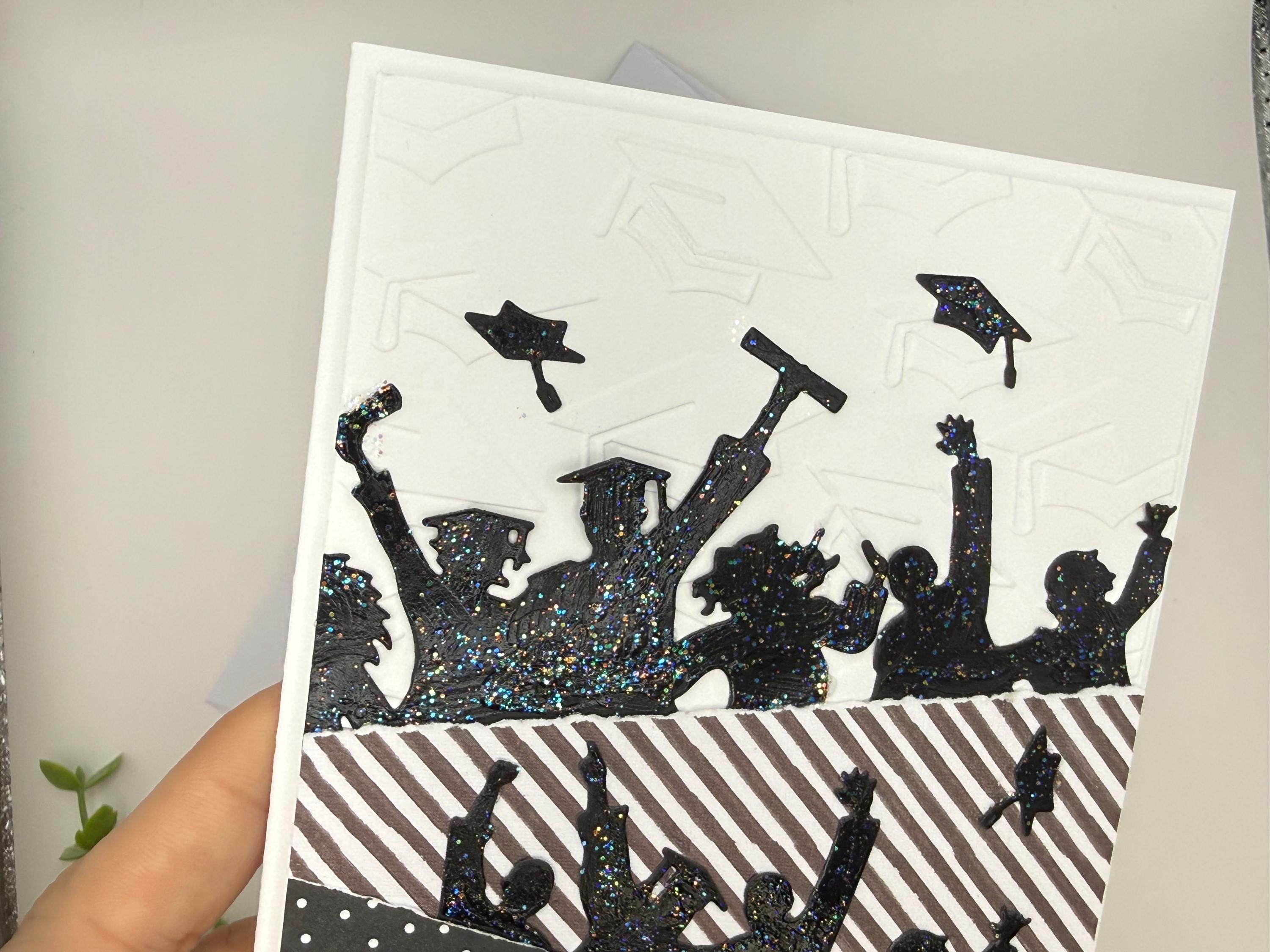 Handmade Graduation Card – Black Glitter Silhouettes, Embossed Cap Texture