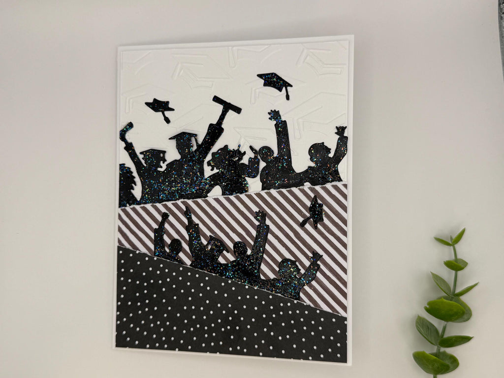 Handmade Graduation Card – Black Glitter Silhouettes, Embossed Cap Texture