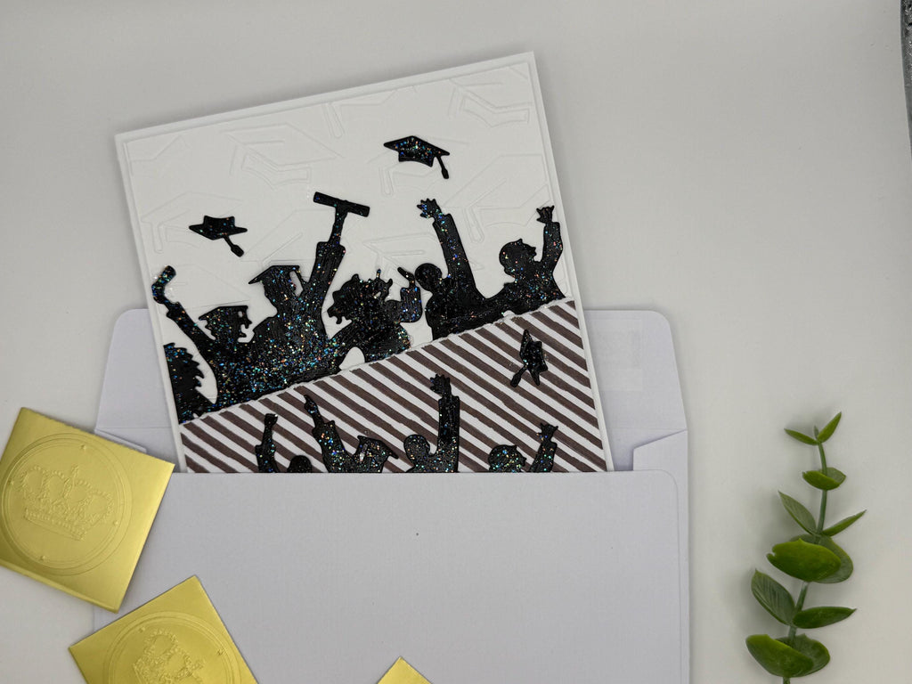 Handmade Graduation Card – Black Glitter Silhouettes, Embossed Cap Texture