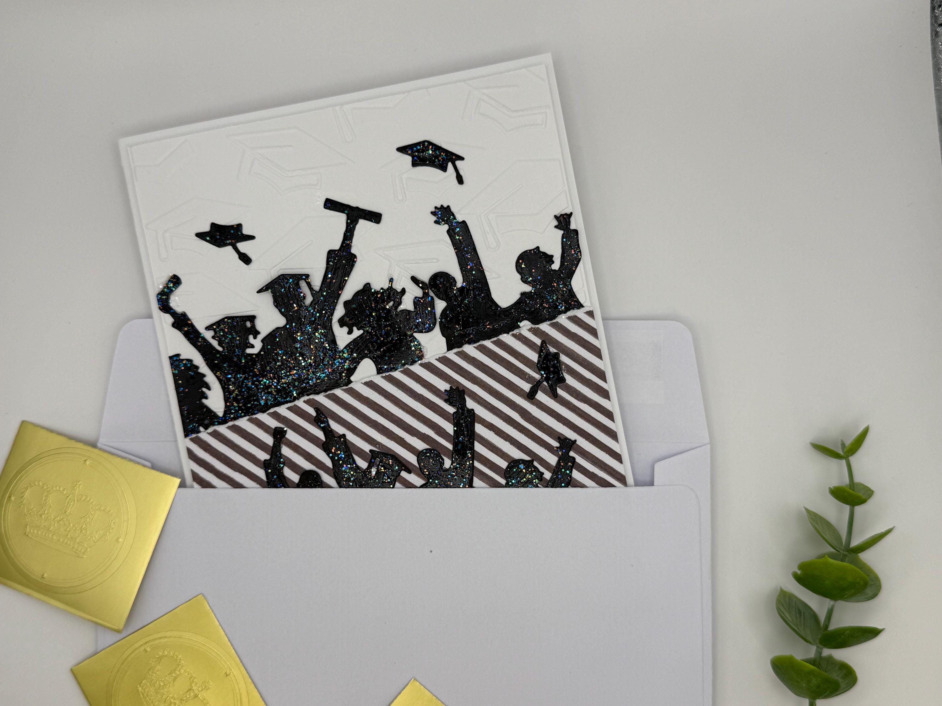 Handmade Graduation Card – Black Glitter Silhouettes, Embossed Cap Texture