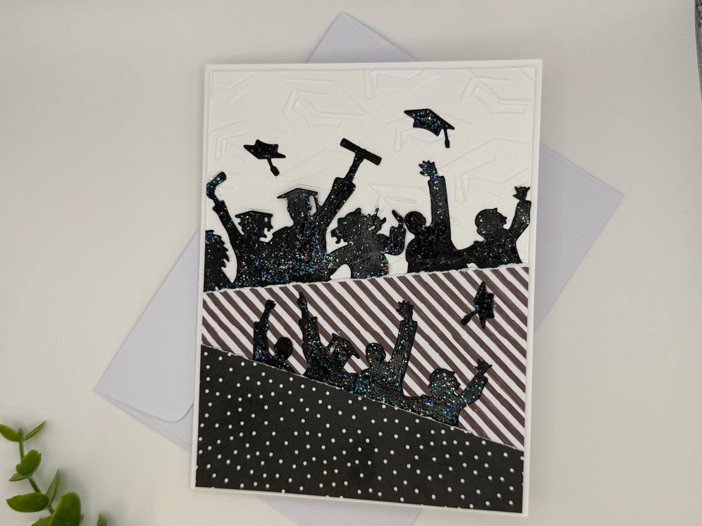 Handmade Graduation Card – Black Glitter Silhouettes, Embossed Cap Texture