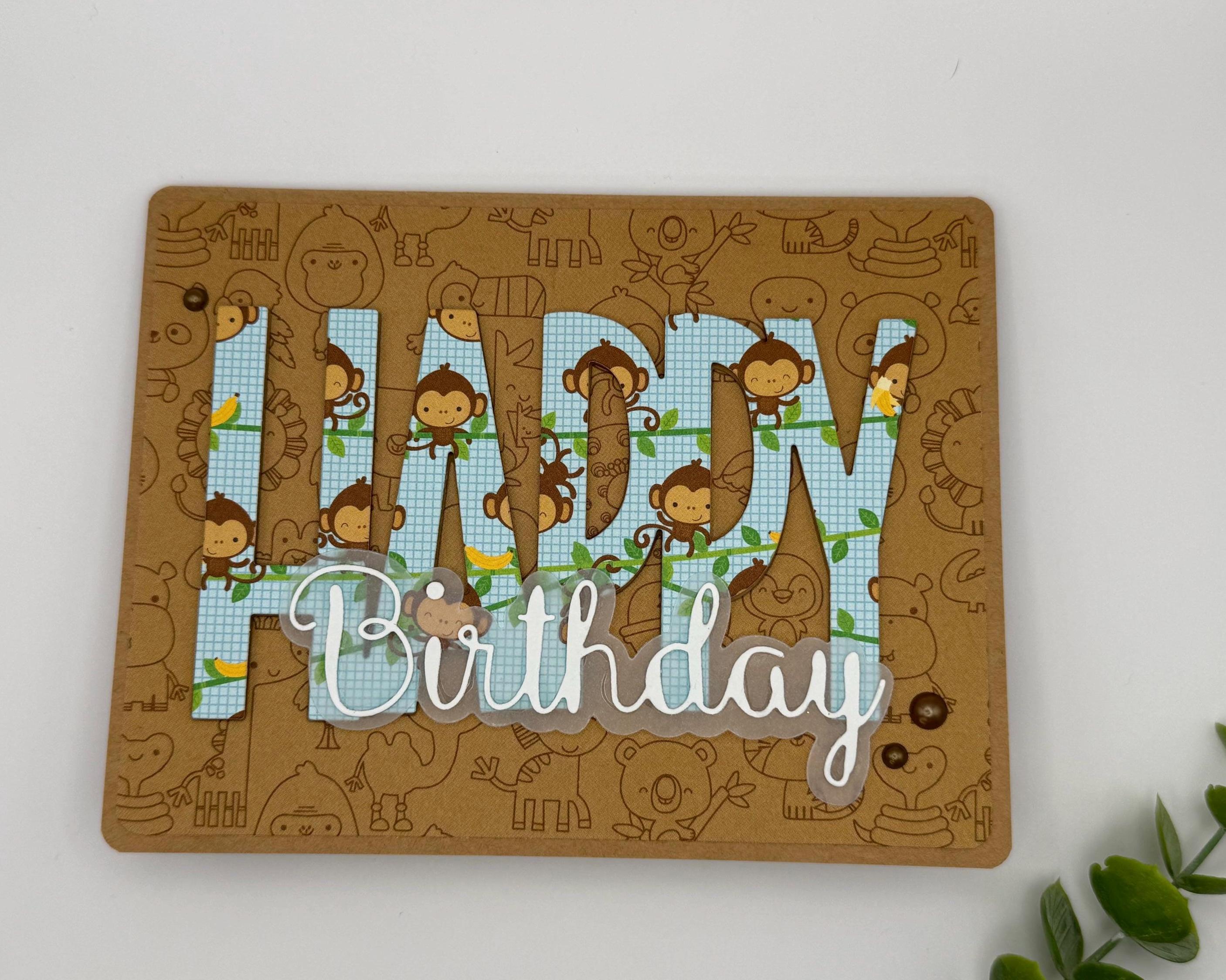 Handmade Monkey Birthday Card – A2 Jungle Animal Greeting Card with Kraft Envelope