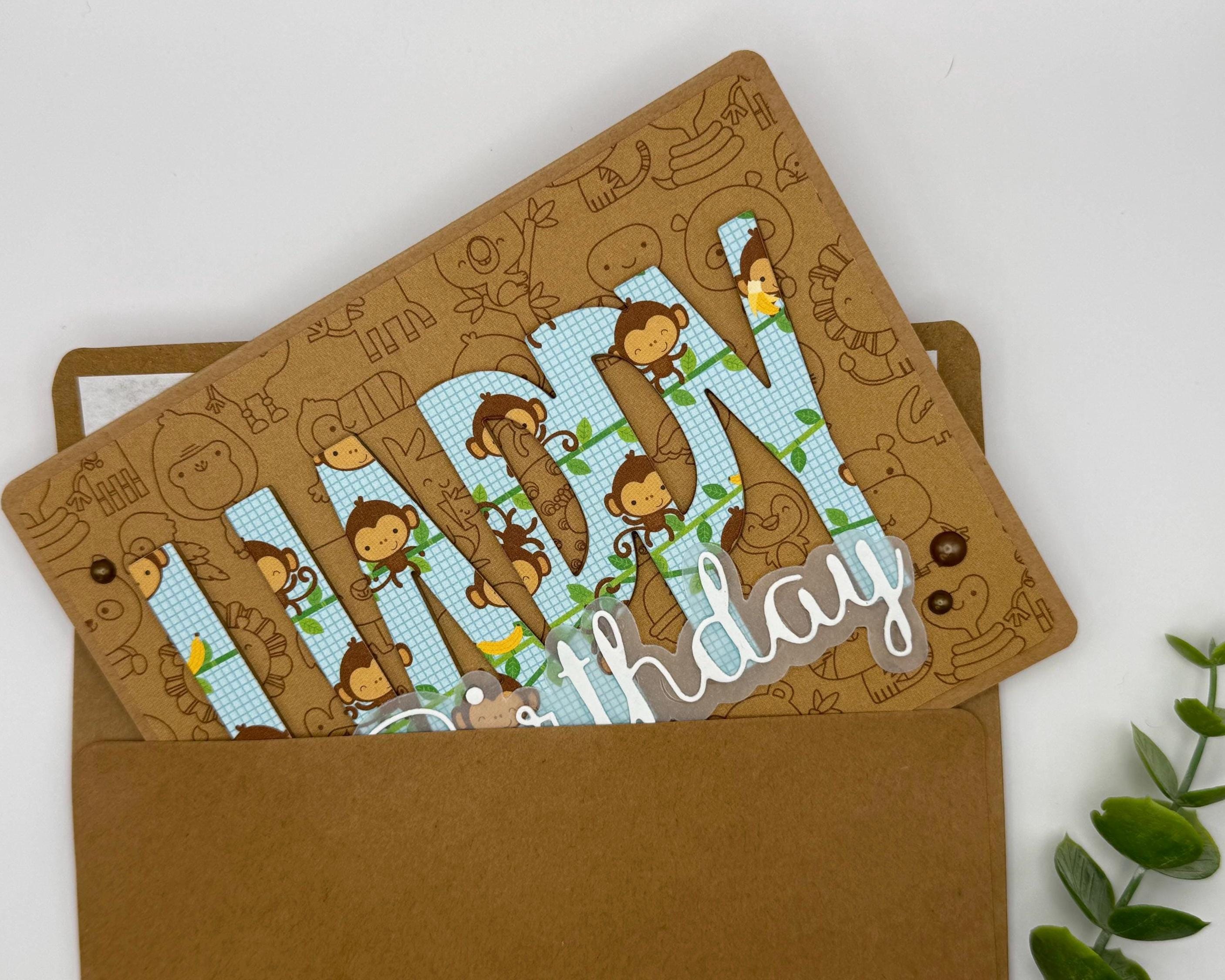 Handmade Monkey Birthday Card – A2 Jungle Animal Greeting Card with Kraft Envelope