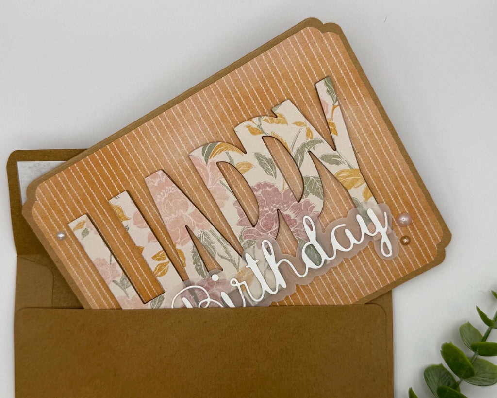 Handmade Floral Birthday Card | Vintage Elegant Greeting for Her, Orange Pinstripe
