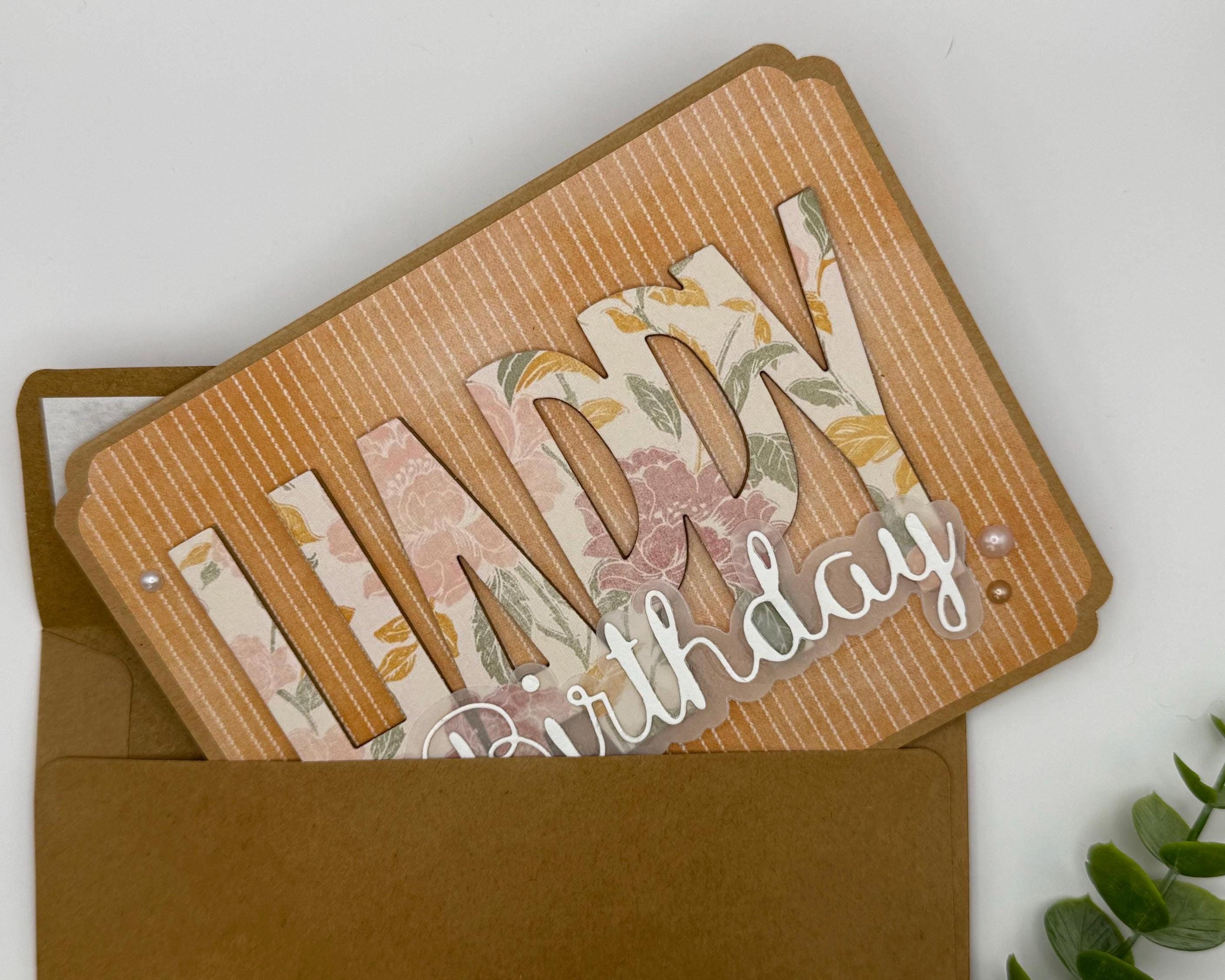 Handmade Floral Birthday Card | Vintage Elegant Greeting for Her, Orange Pinstripe