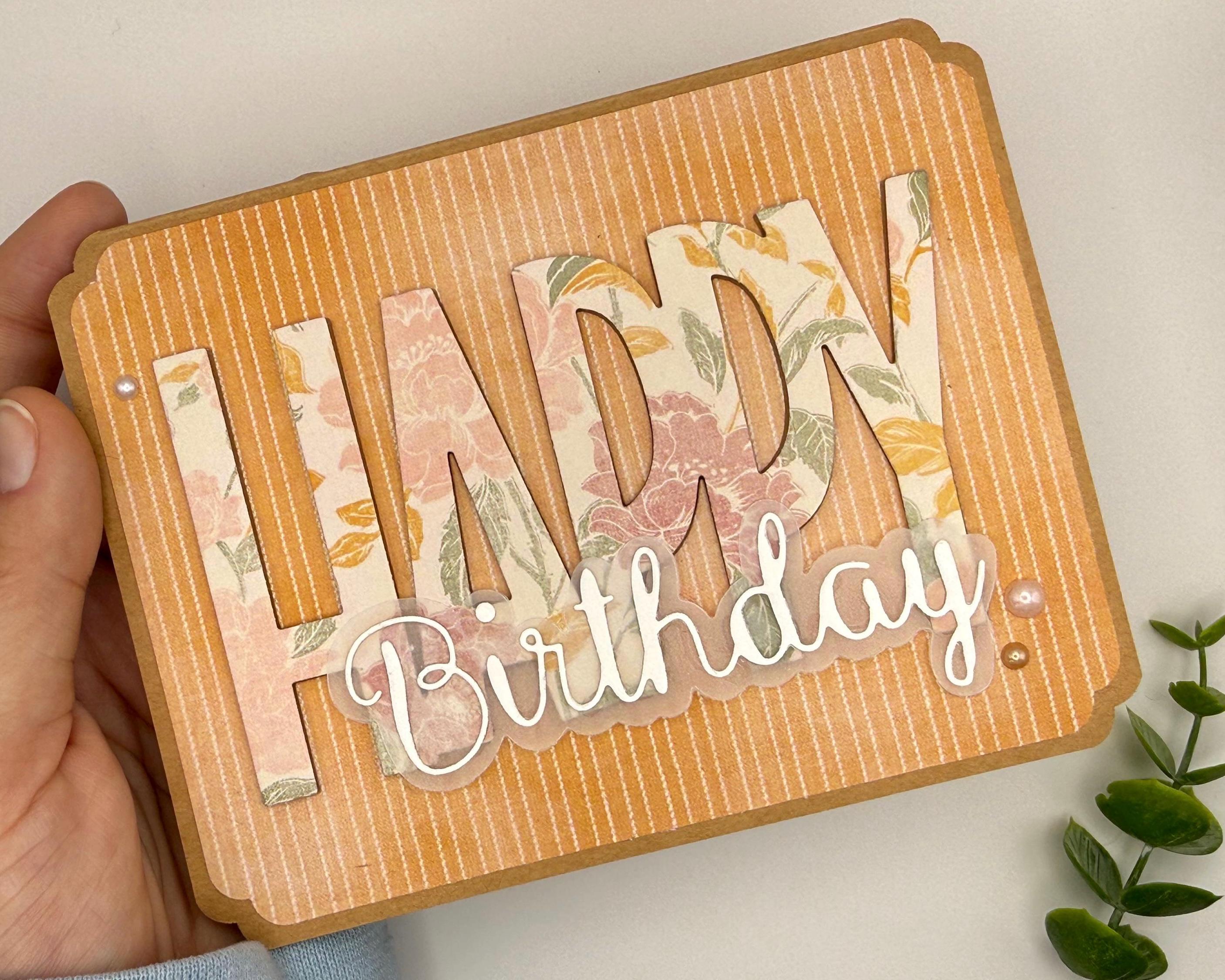 Handmade Floral Birthday Card | Vintage Elegant Greeting for Her, Orange Pinstripe