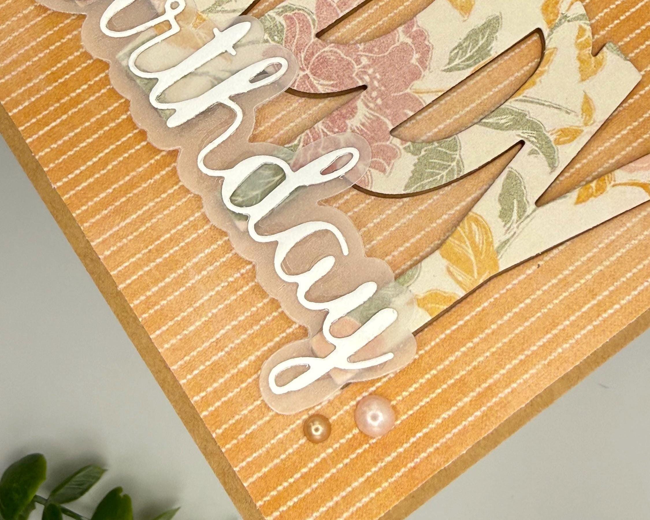 Handmade Floral Birthday Card | Vintage Elegant Greeting for Her, Orange Pinstripe