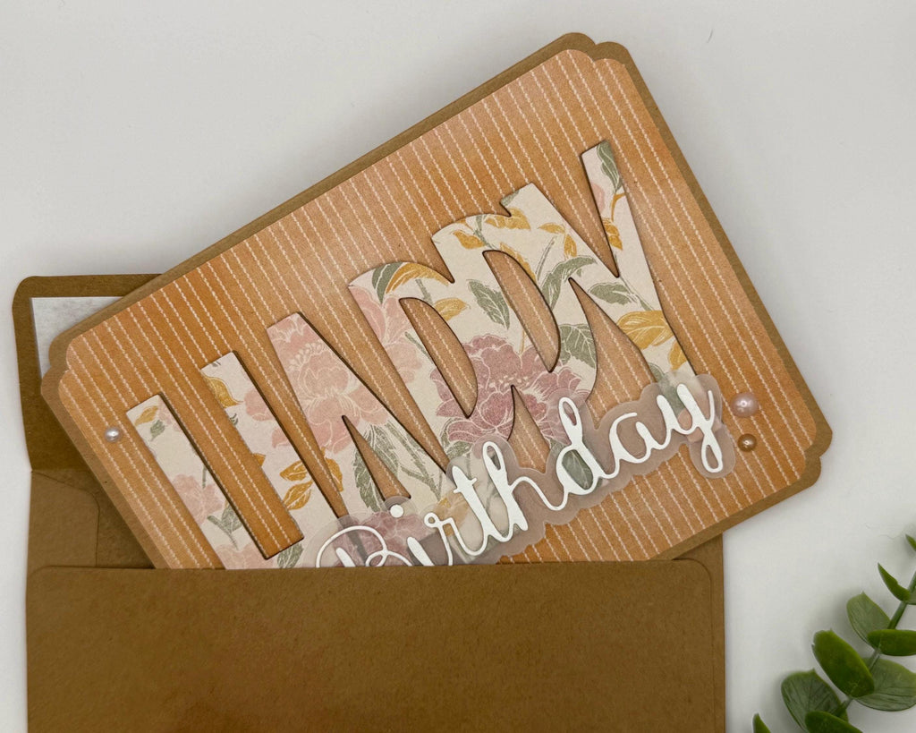 Handmade Floral Birthday Card | Vintage Elegant Greeting for Her, Orange Pinstripe