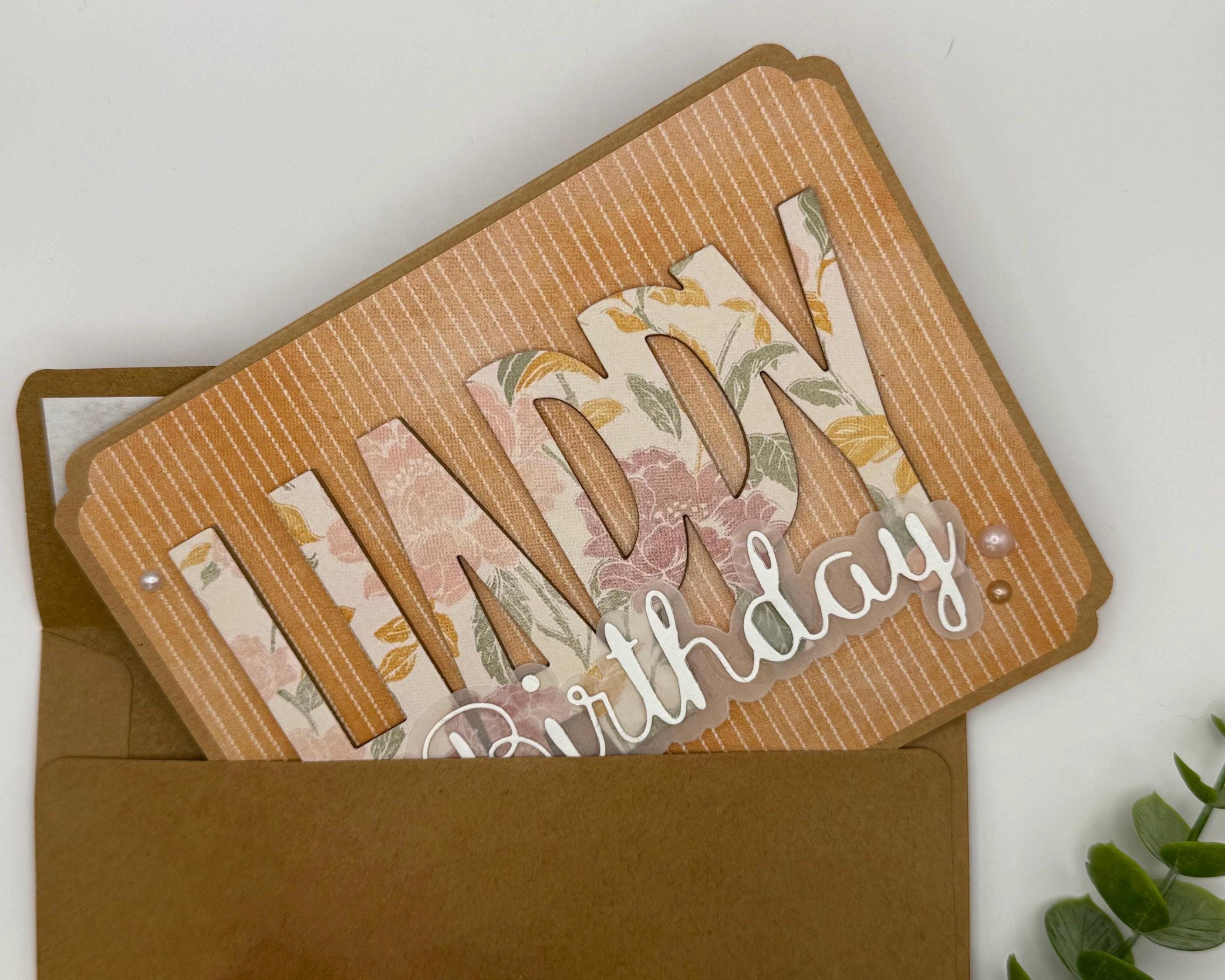Handmade Floral Birthday Card | Vintage Elegant Greeting for Her, Orange Pinstripe