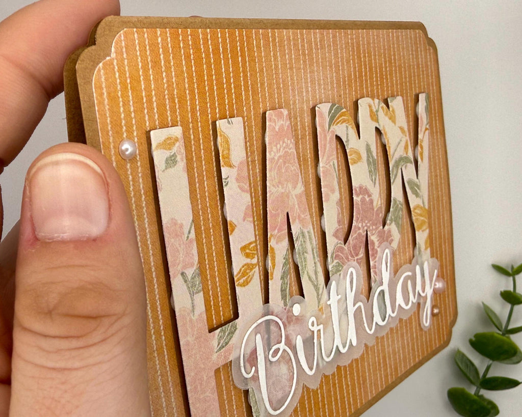 Handmade Floral Birthday Card | Vintage Elegant Greeting for Her, Orange Pinstripe