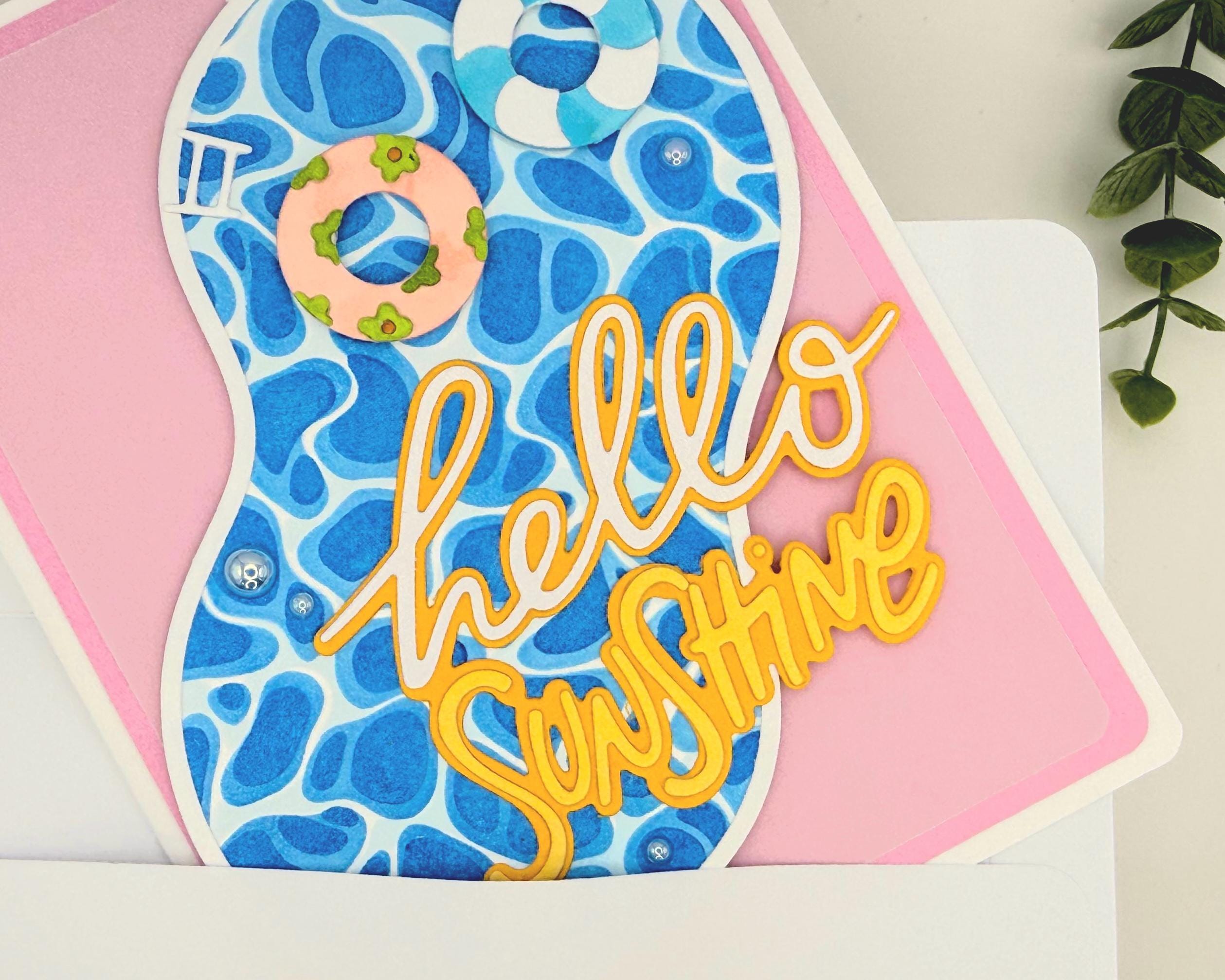 Hello Sunshine – Handmade Summer Greeting Card with Cute Floaties, Poolside Vibes, Thinking of You, Just Because Card