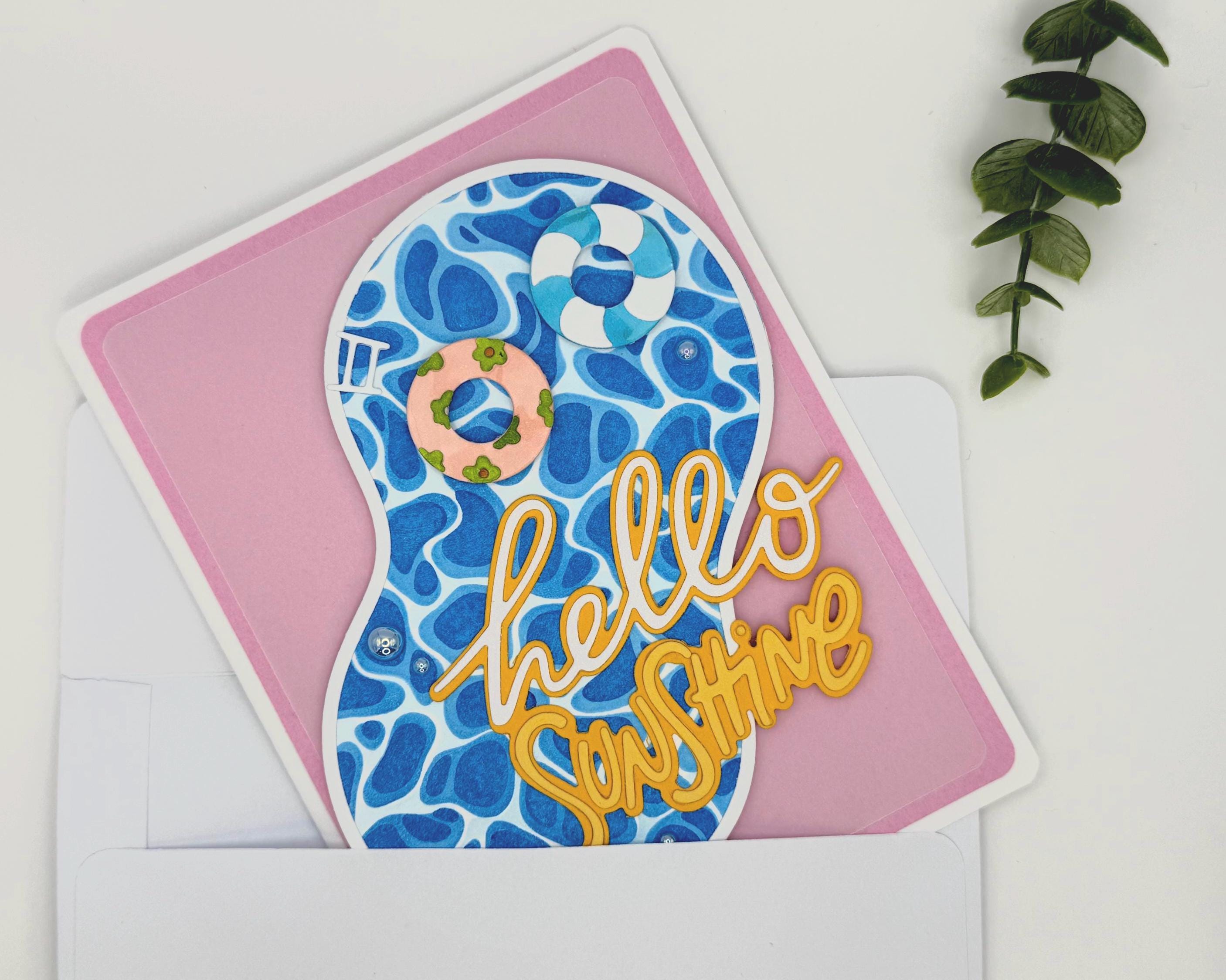 Hello Sunshine – Handmade Summer Greeting Card with Cute Floaties, Poolside Vibes, Thinking of You, Just Because Card