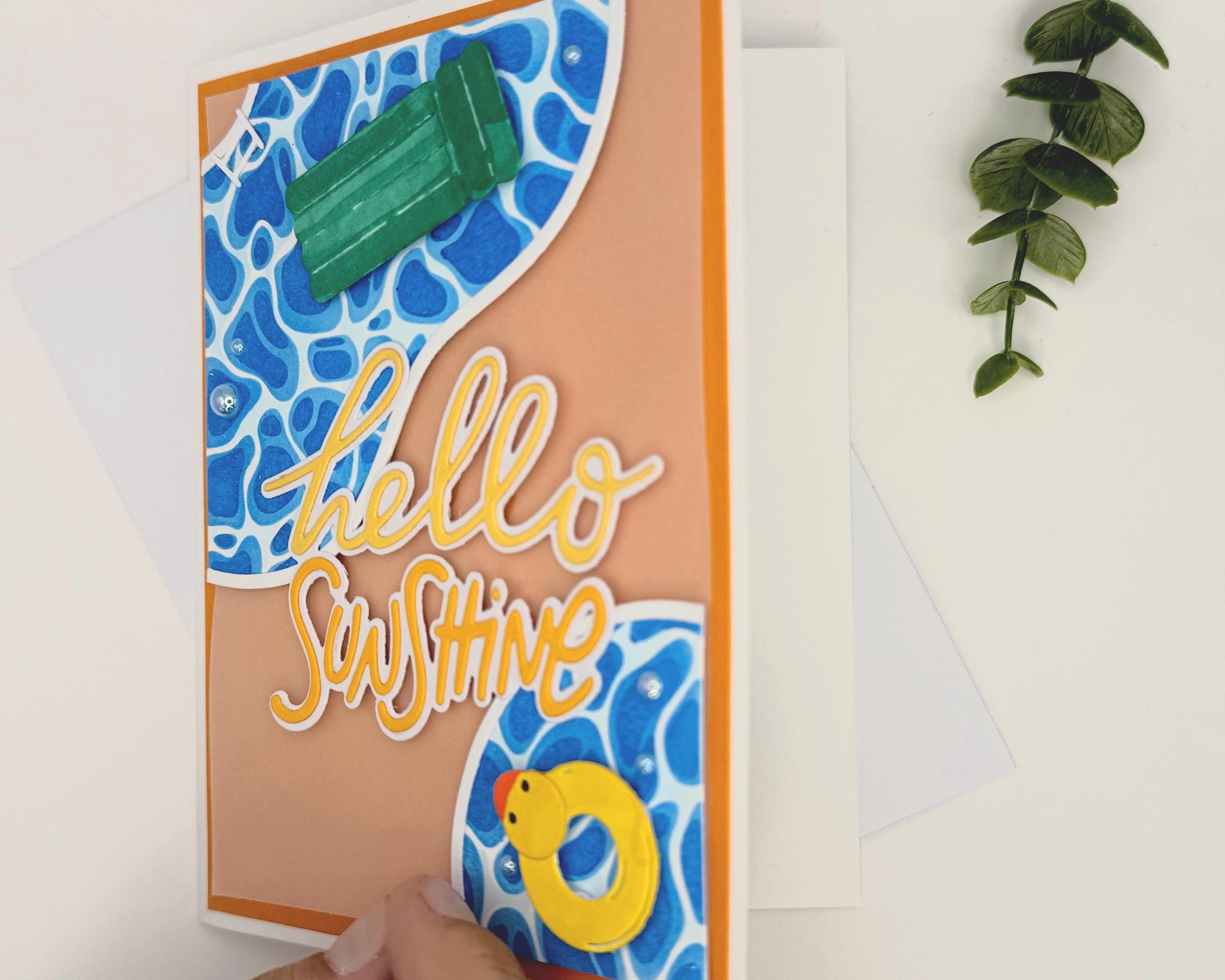 Hello Sunshine Pool Card – Handmade Summer Greeting Card with Cute Floaties, Poolside Vibes, Thinking of You, Birthday or Just Because Card