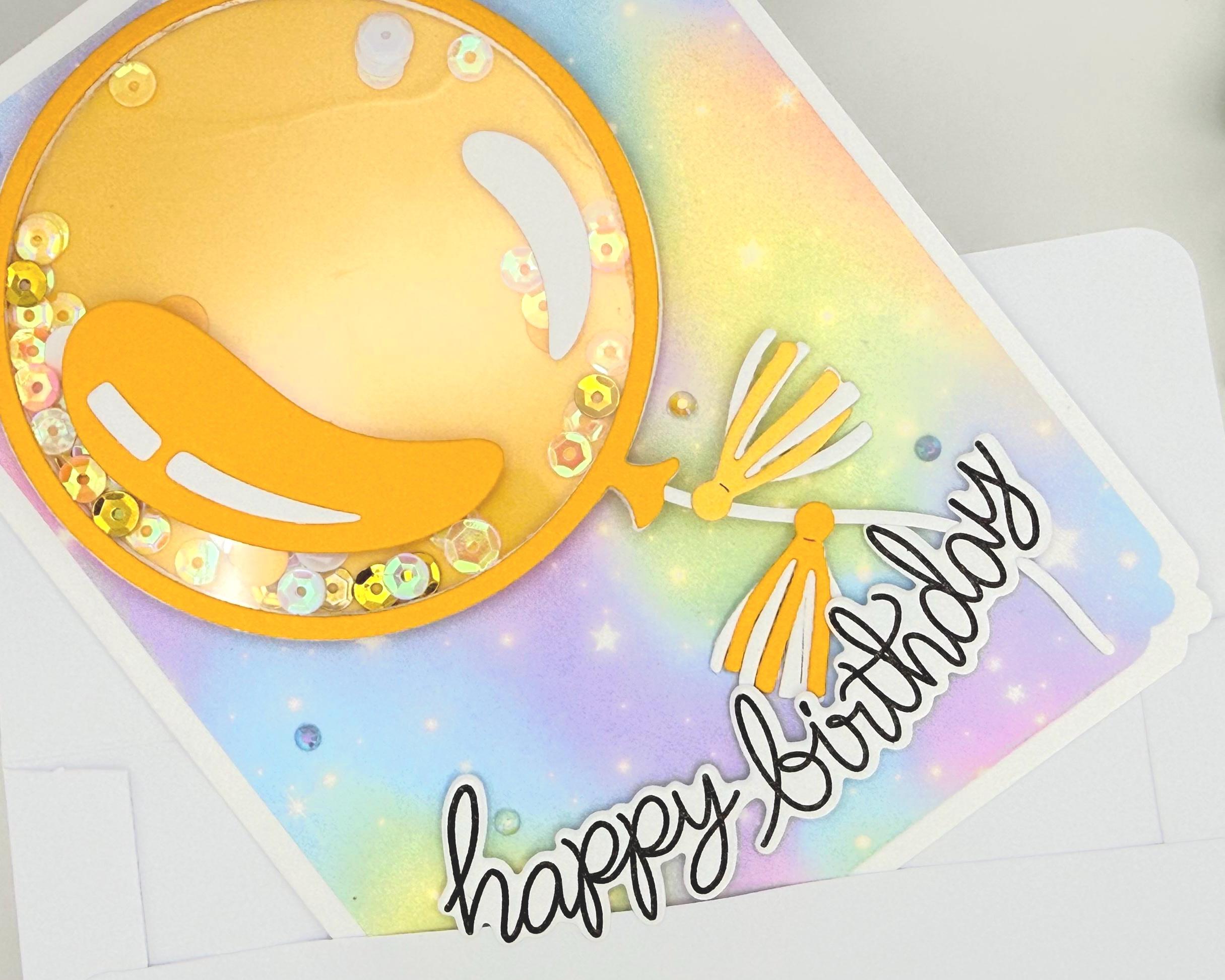 Happy Bday Shaker Card – Handmade Birthday Card with Gold Balloon, Rainbow Background & Sparkle Sequins