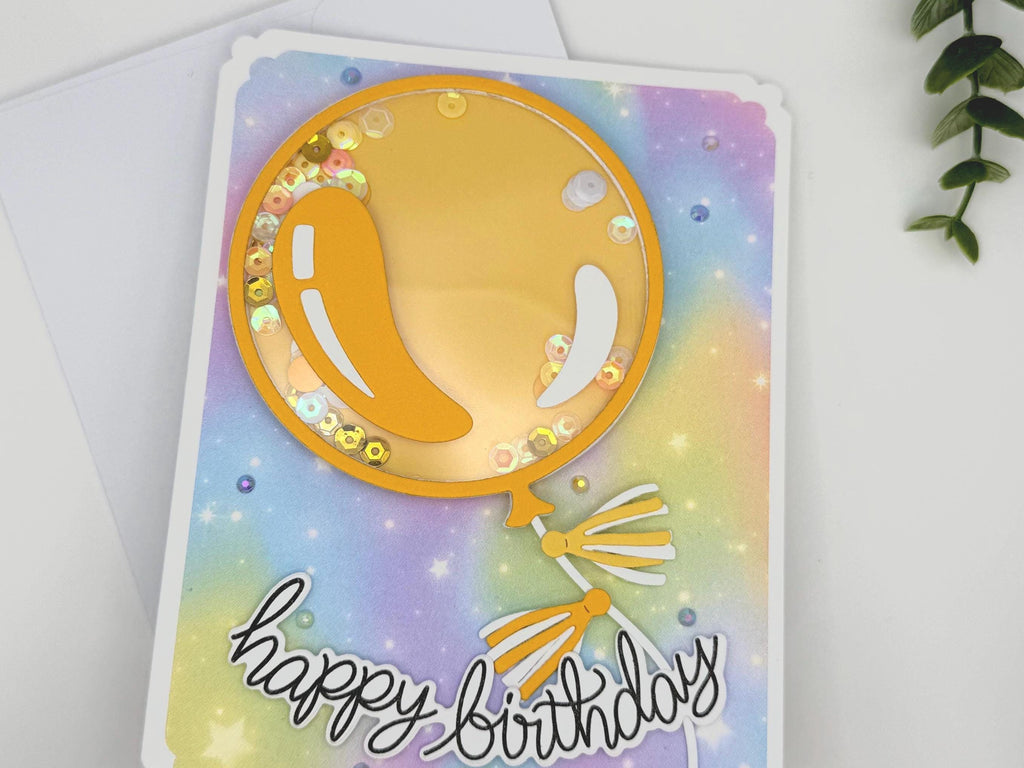 Happy Bday Shaker Card – Handmade Birthday Card with Gold Balloon, Rainbow Background & Sparkle Sequins