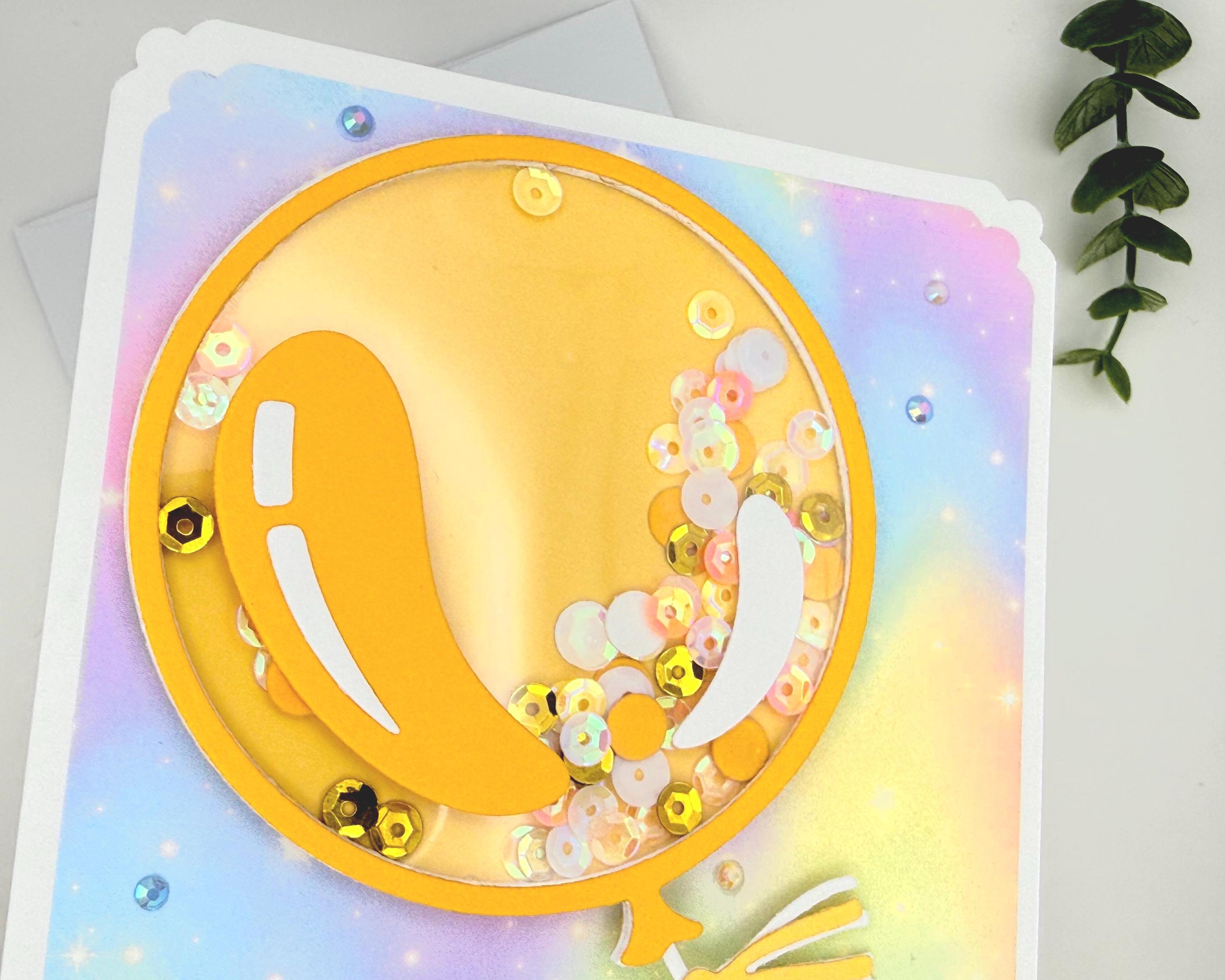 Happy Bday Shaker Card – Handmade Birthday Card with Gold Balloon, Rainbow Background & Sparkle Sequins