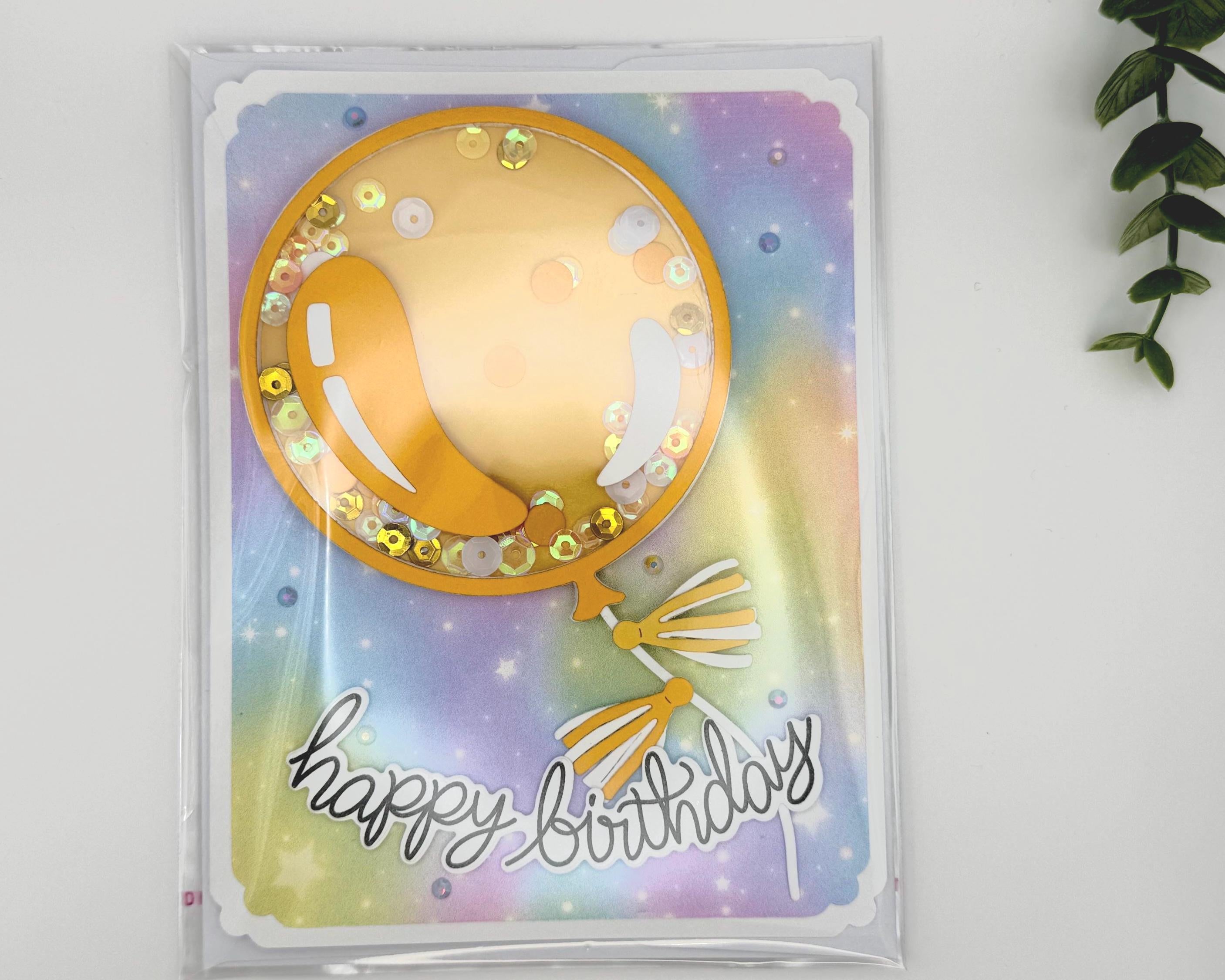 Happy Bday Shaker Card – Handmade Birthday Card with Gold Balloon, Rainbow Background & Sparkle Sequins