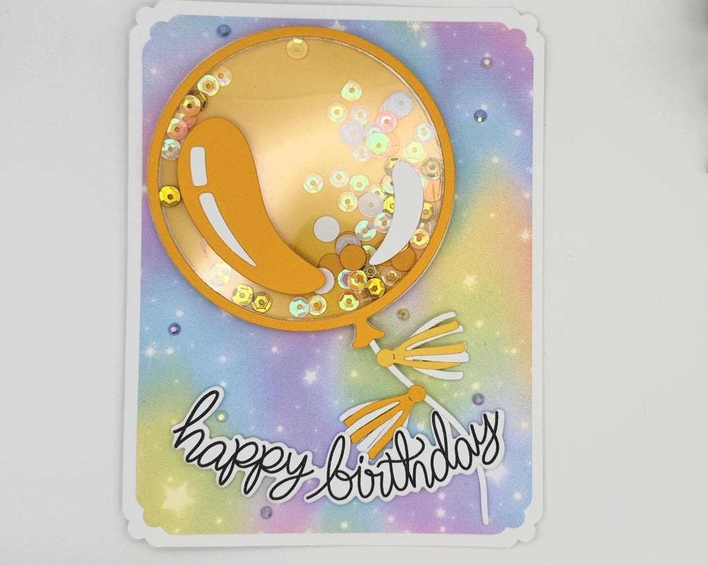 Happy Bday Shaker Card – Handmade Birthday Card with Gold Balloon, Rainbow Background & Sparkle Sequins