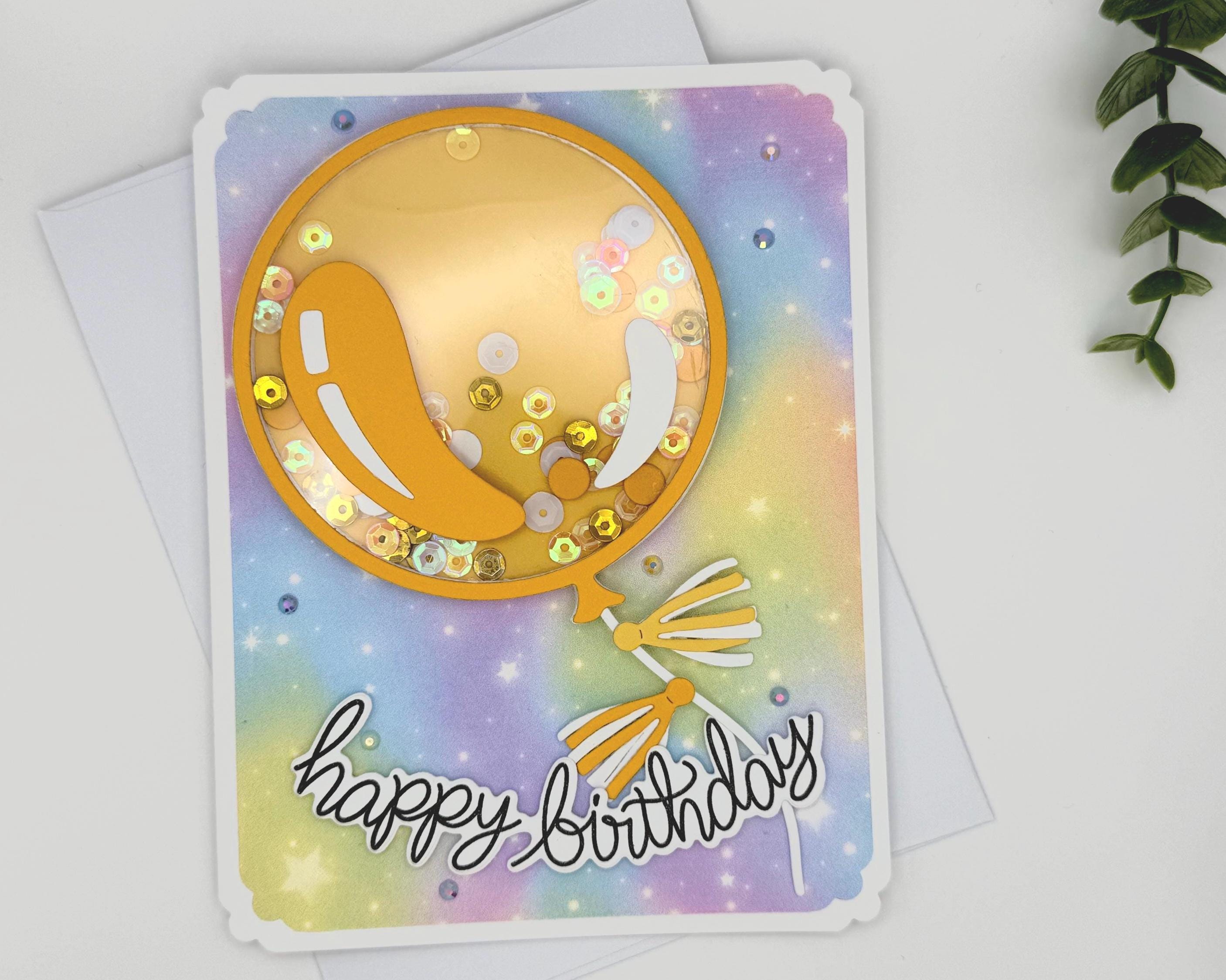 Happy Bday Shaker Card – Handmade Birthday Card with Gold Balloon, Rainbow Background & Sparkle Sequins