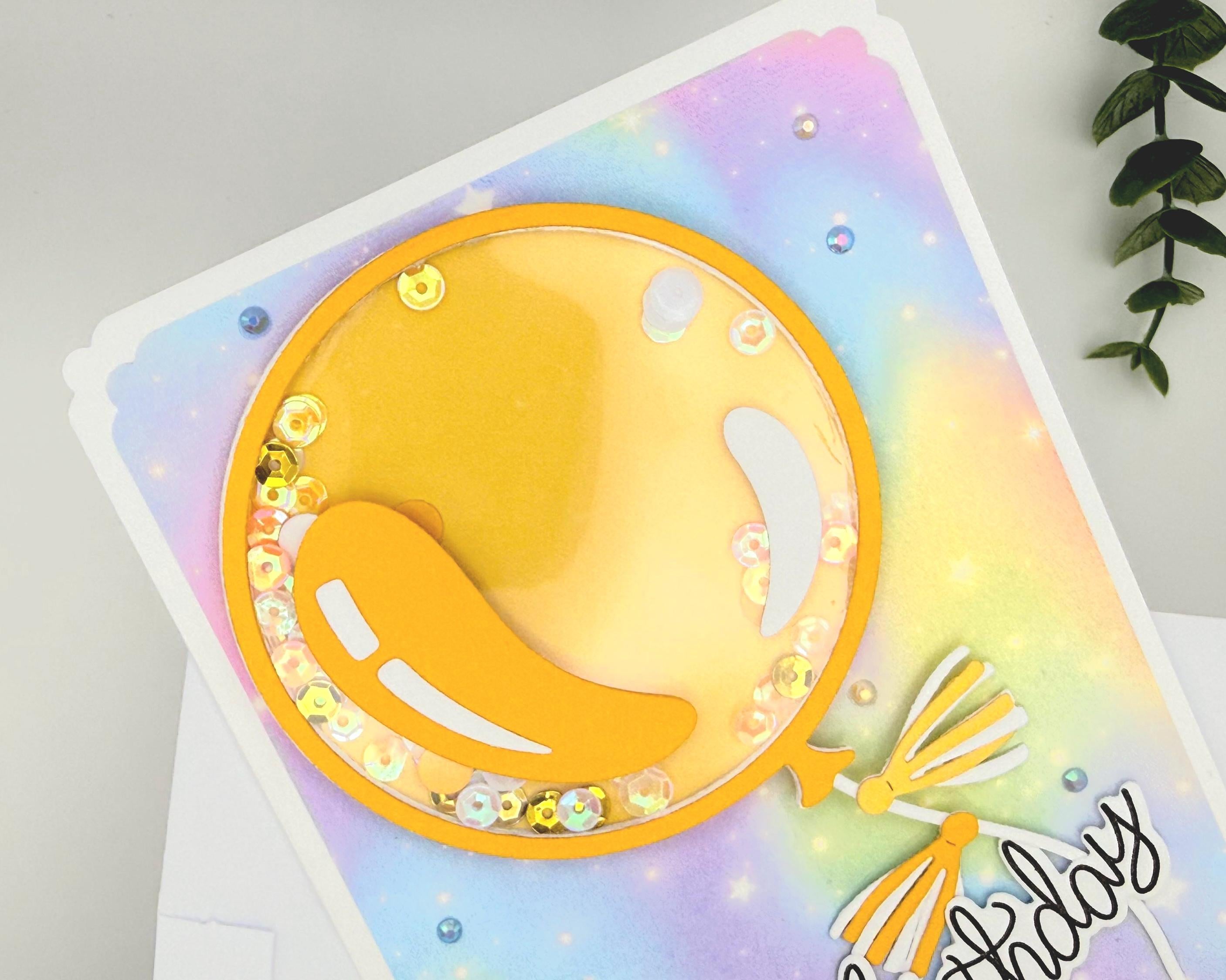 Happy Bday Shaker Card – Handmade Birthday Card with Gold Balloon, Rainbow Background & Sparkle Sequins