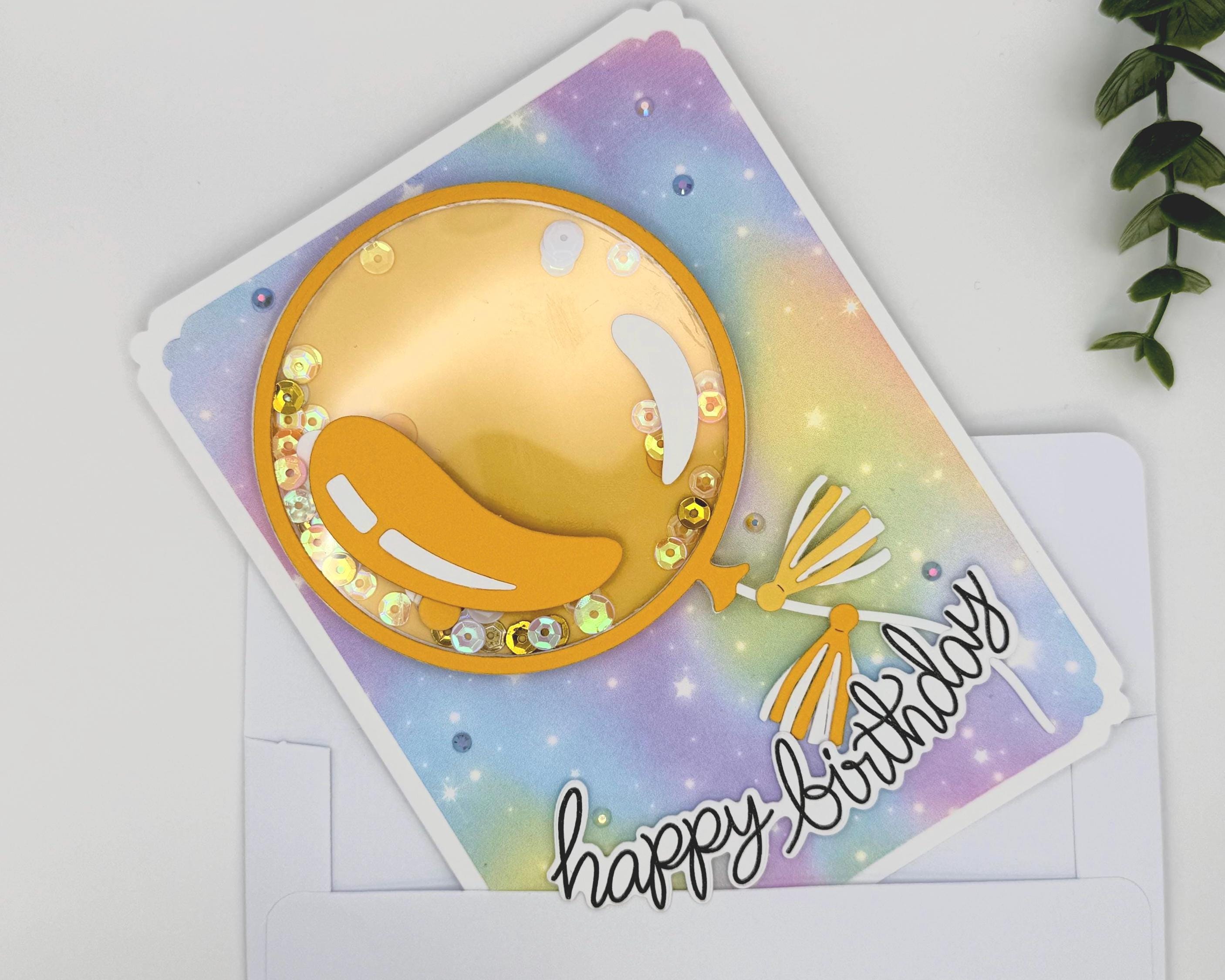 Happy Bday Shaker Card – Handmade Birthday Card with Gold Balloon, Rainbow Background & Sparkle Sequins