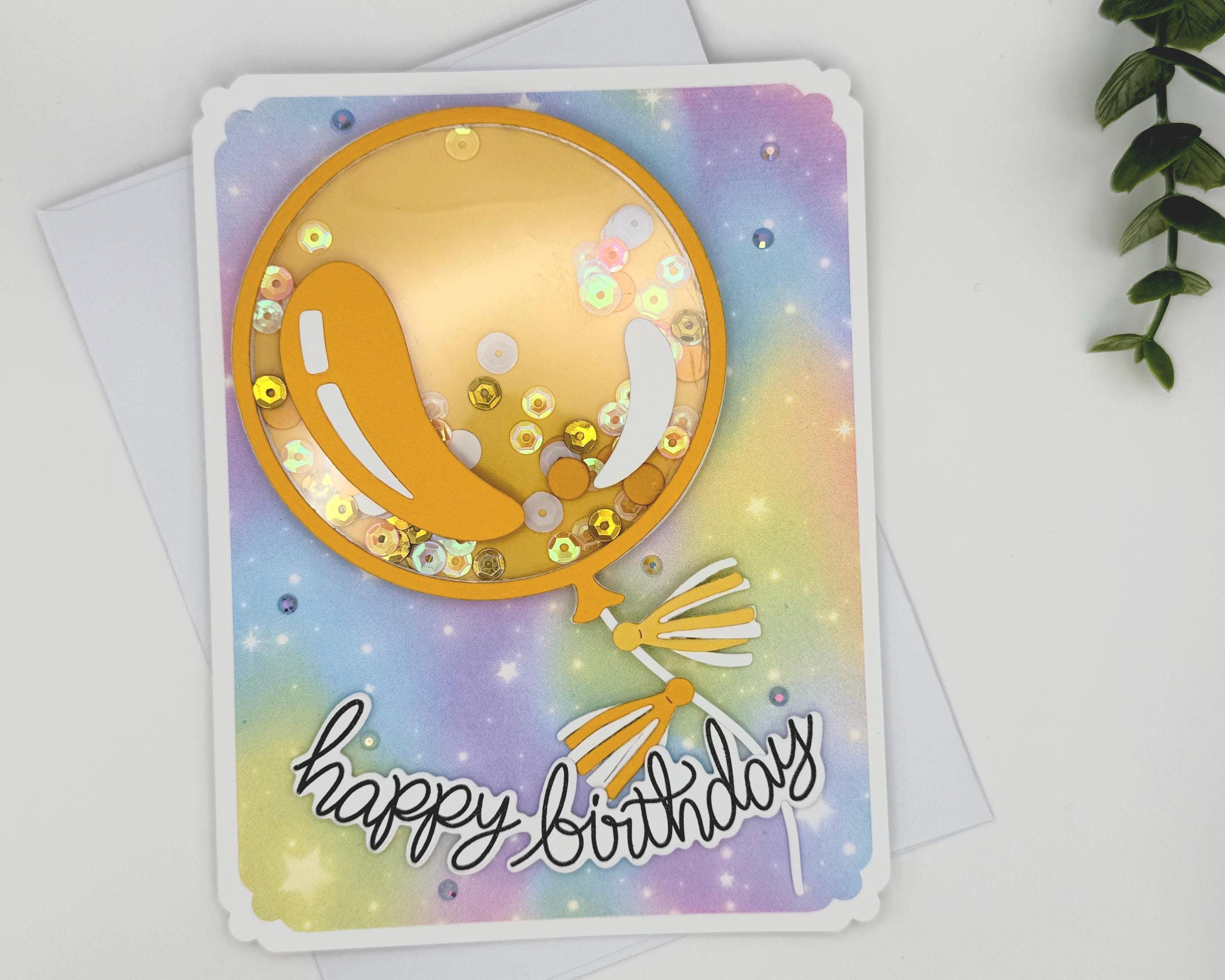 Happy Bday Shaker Card – Handmade Birthday Card with Gold Balloon, Rainbow Background & Sparkle Sequins