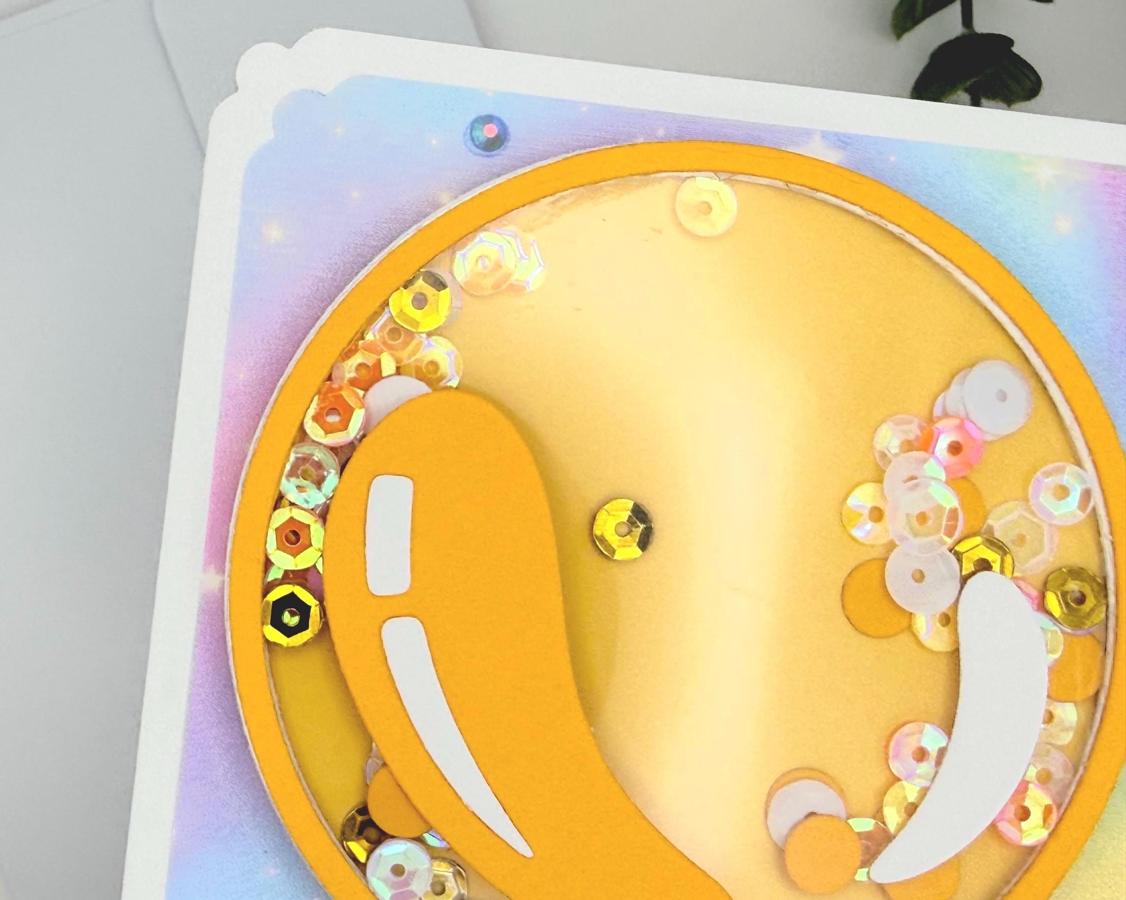 Happy Bday Shaker Card – Handmade Birthday Card with Gold Balloon, Rainbow Background & Sparkle Sequins