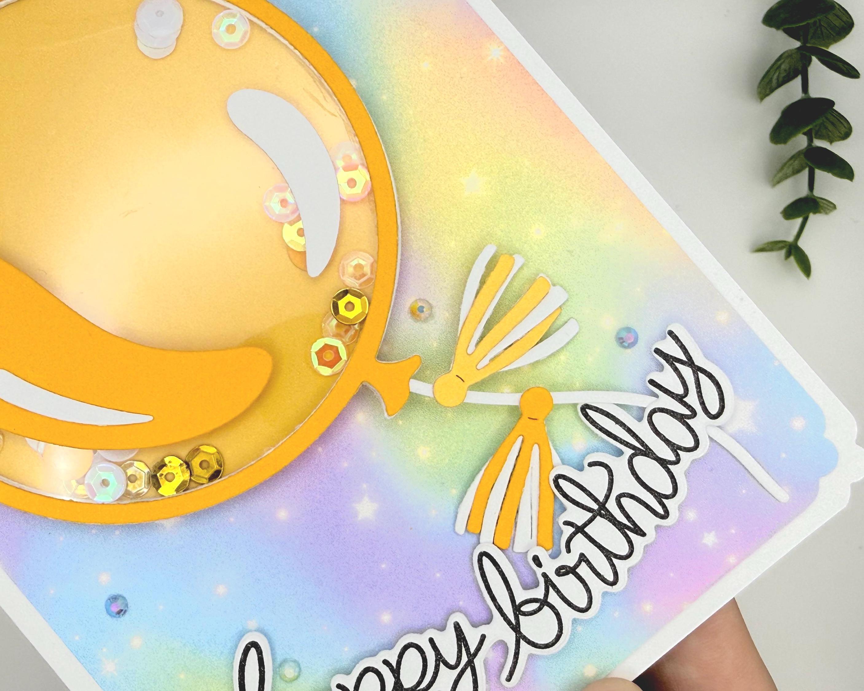 Happy Bday Shaker Card – Handmade Birthday Card with Gold Balloon, Rainbow Background & Sparkle Sequins