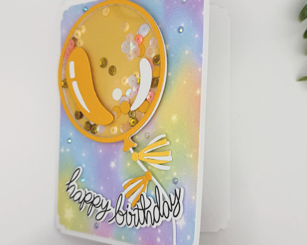 Happy Bday Shaker Card – Handmade Birthday Card with Gold Balloon, Rainbow Background & Sparkle Sequins