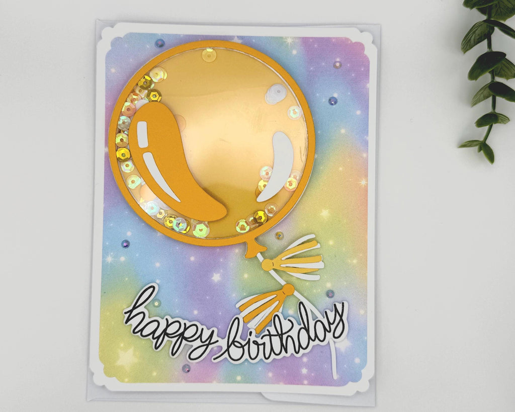 Happy Bday Shaker Card – Handmade Birthday Card with Gold Balloon, Rainbow Background & Sparkle Sequins
