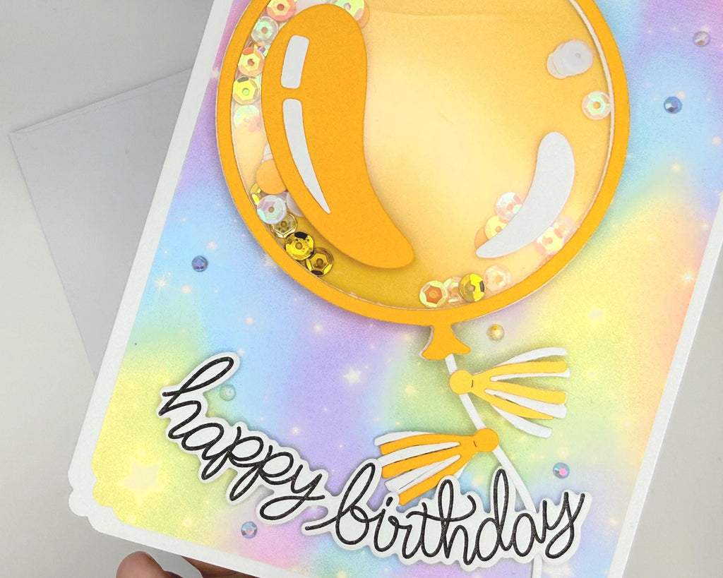 Happy Bday Shaker Card – Handmade Birthday Card with Gold Balloon, Rainbow Background & Sparkle Sequins