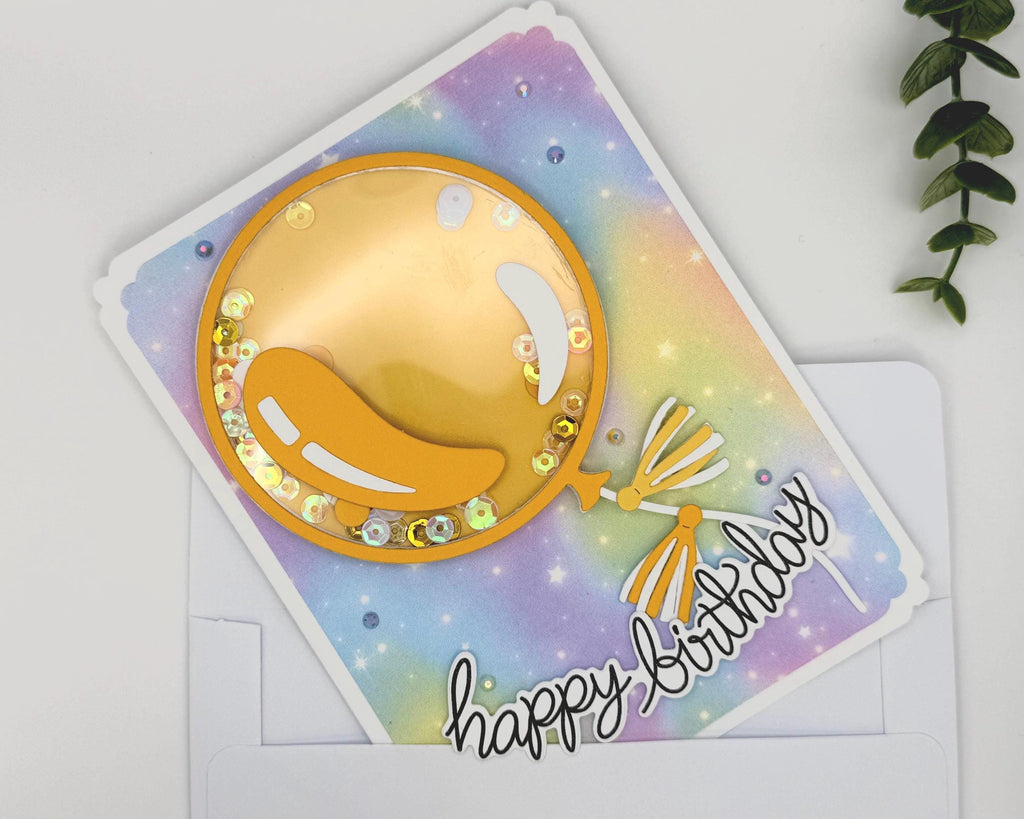 Happy Bday Shaker Card – Handmade Birthday Card with Gold Balloon, Rainbow Background & Sparkle Sequins