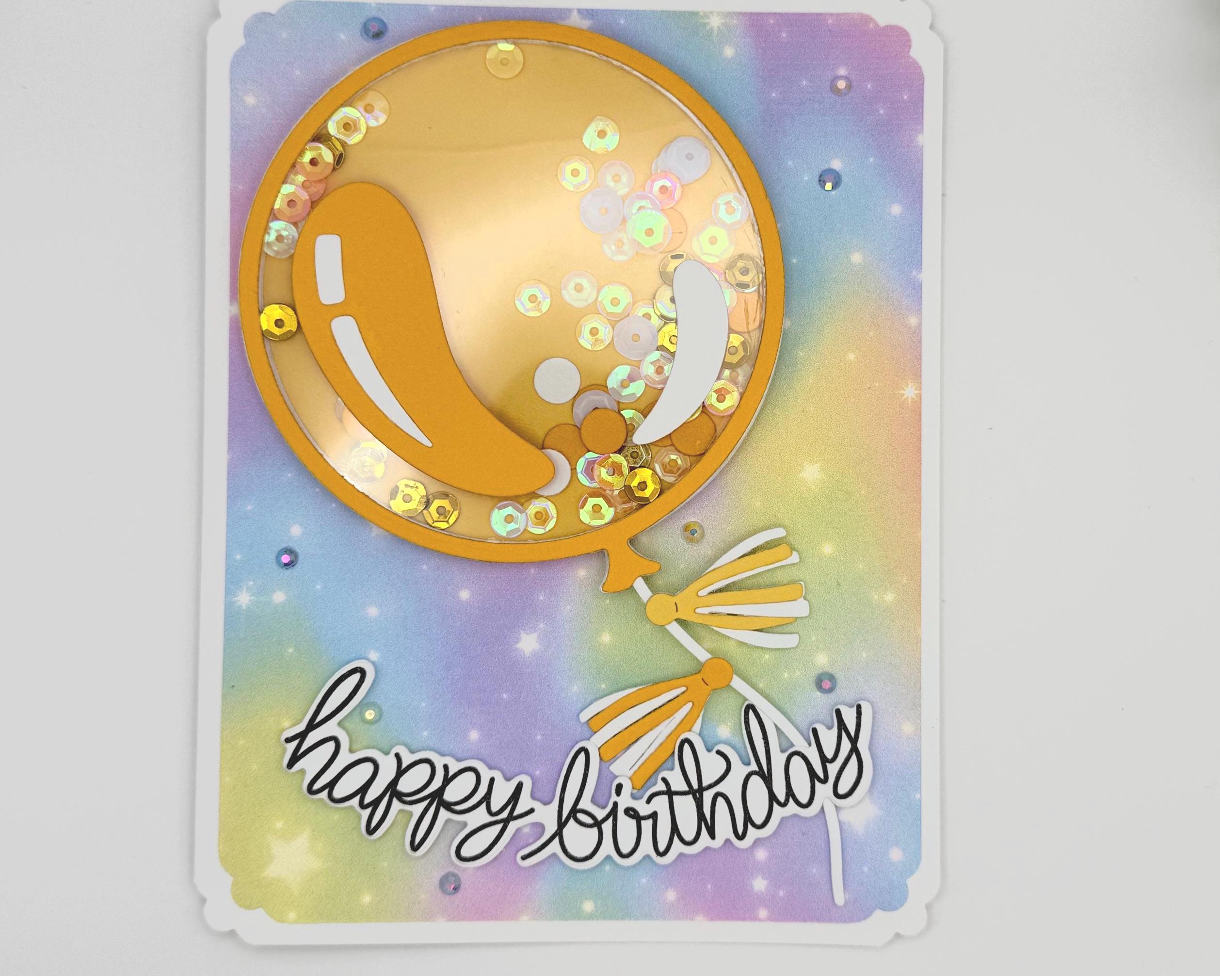 Happy Bday Shaker Card – Handmade Birthday Card with Gold Balloon, Rainbow Background & Sparkle Sequins